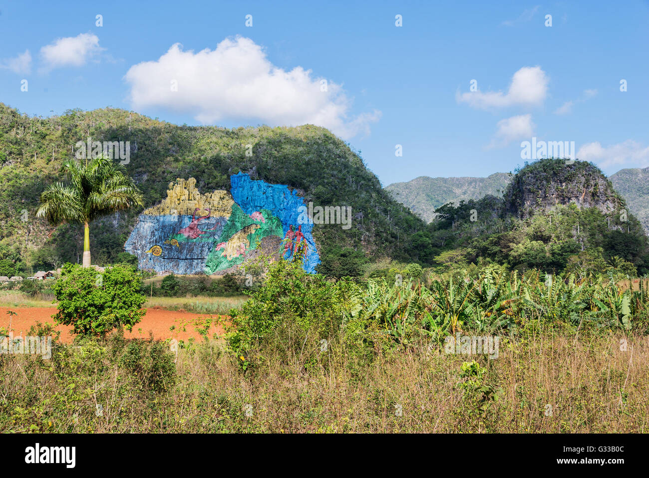 ViNALES, CUBA - APRIL 22: The Prehistoric Wall (Mural de la Prehistoria) is a touristic attraction, on April 22 2016 in Vinales, Stock Photo
