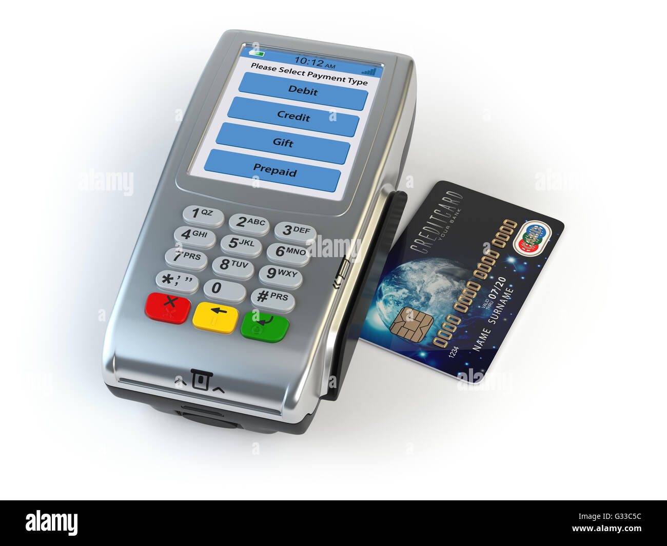POS terminal with credit card isolated on white. 3d illustration Stock Photo