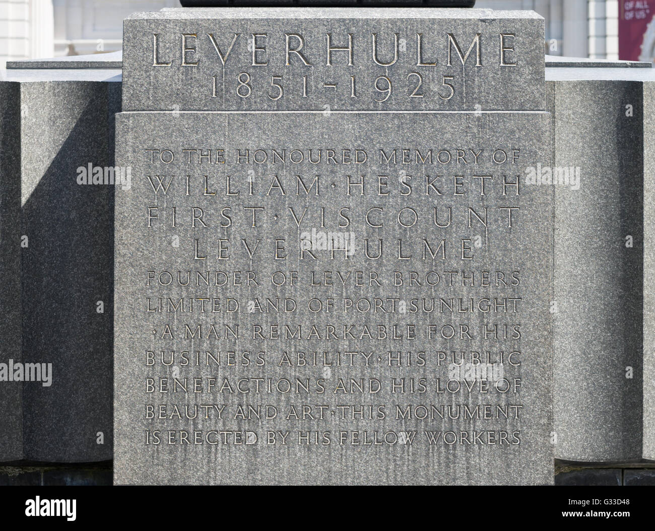 Inscription on the Leverhulme memorial Port Sunlight , Merseyside, England, UK Stock Photo