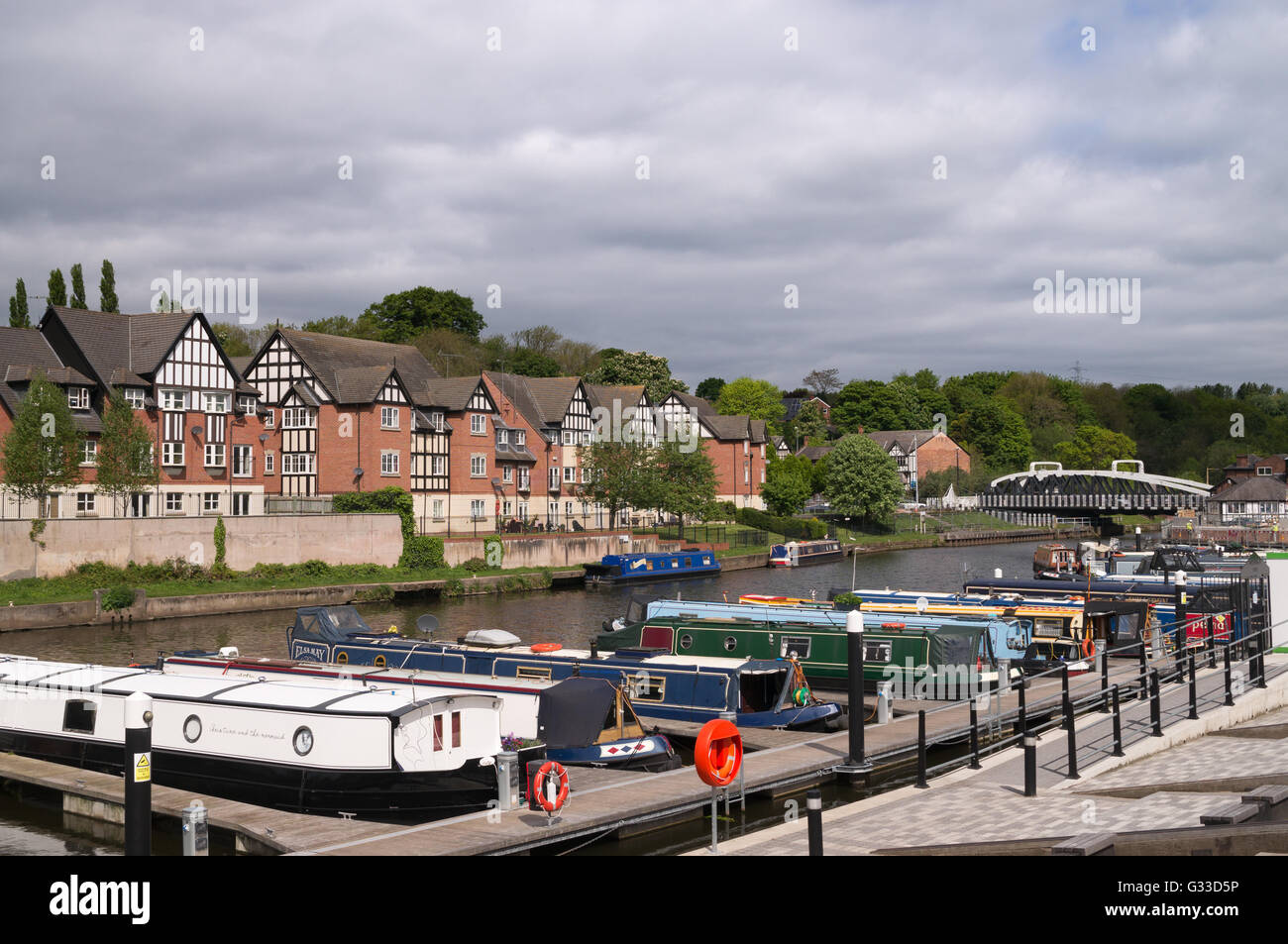 Canal boats moored in Northwich marina, Cheshire, England, UK Stock Photo