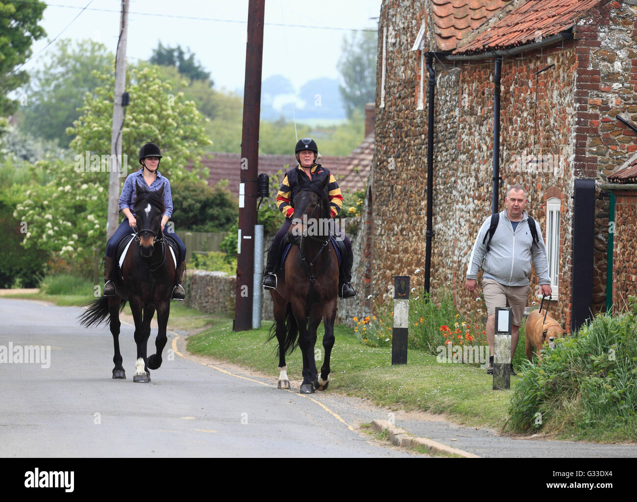 Two horses and riders on he public highway Stock Photo - Alamy