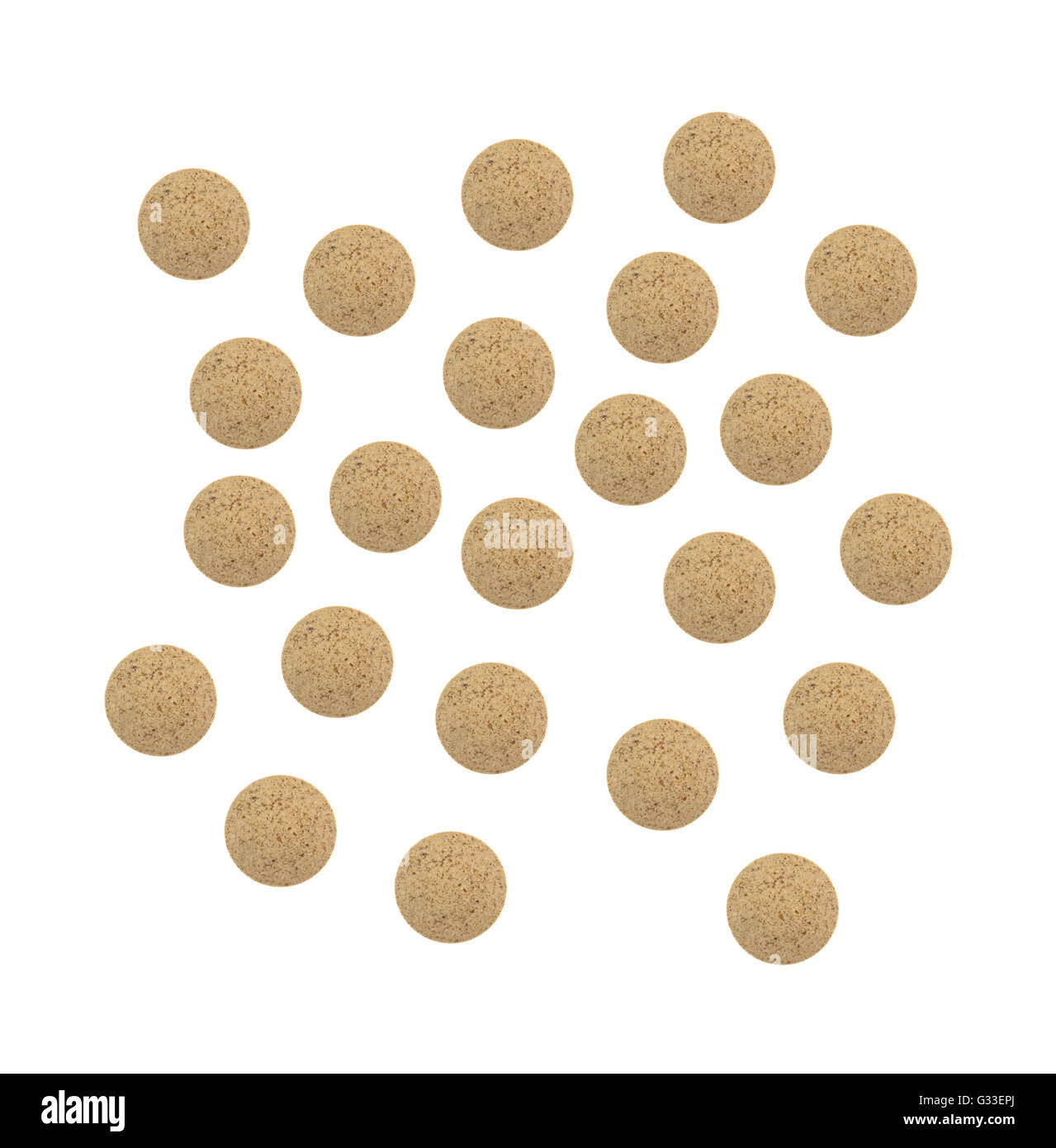 Top view of several brewer's yeast nutritional supplement tablets isolated on a white background. Stock Photo