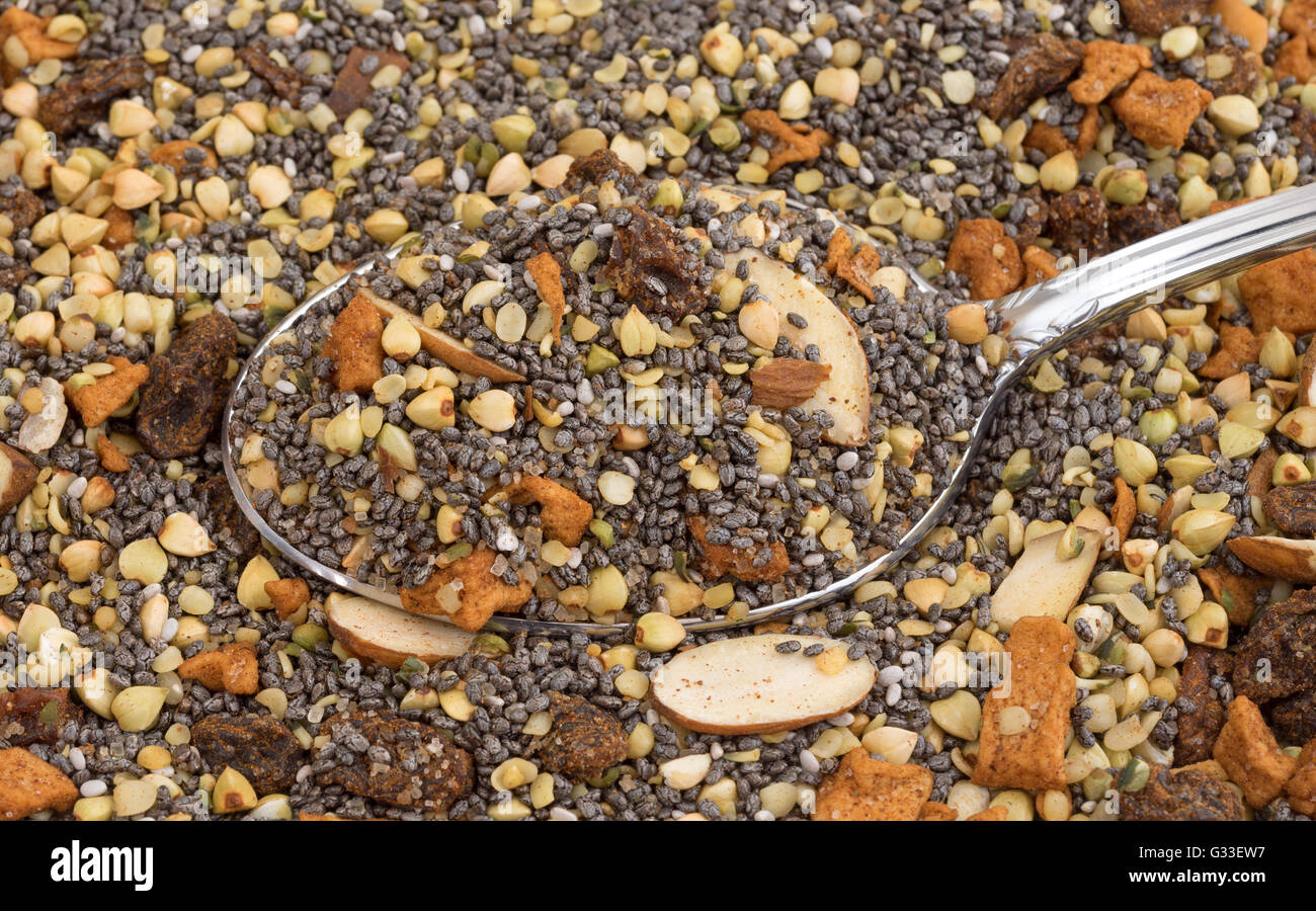 Close view of dry breakfast cereal consisting of chia seeds, nuts, and dried fruit with a spoon. Stock Photo