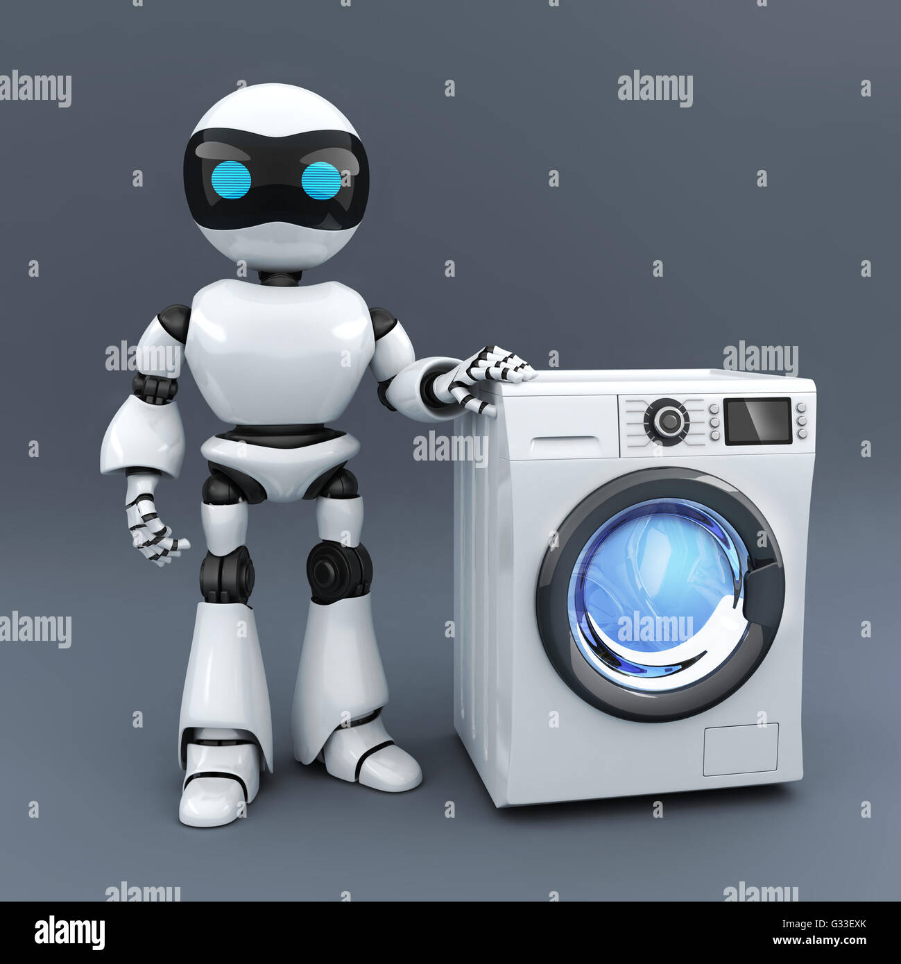 Modern white robot and clothes washer (done in 3d rendering) Stock Photo