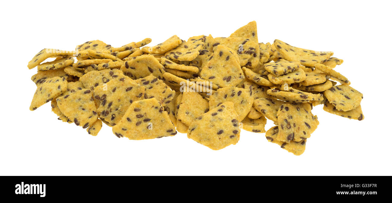 Side view of a portion of flax seed corn chips isolated on a white