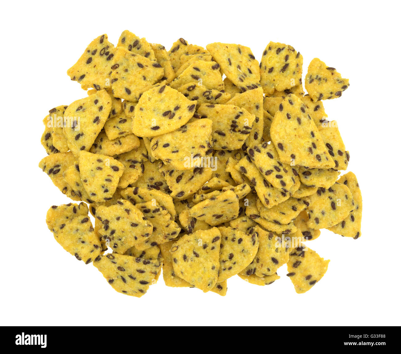 Top view of a portion of flax seed corn chips isolated on a white