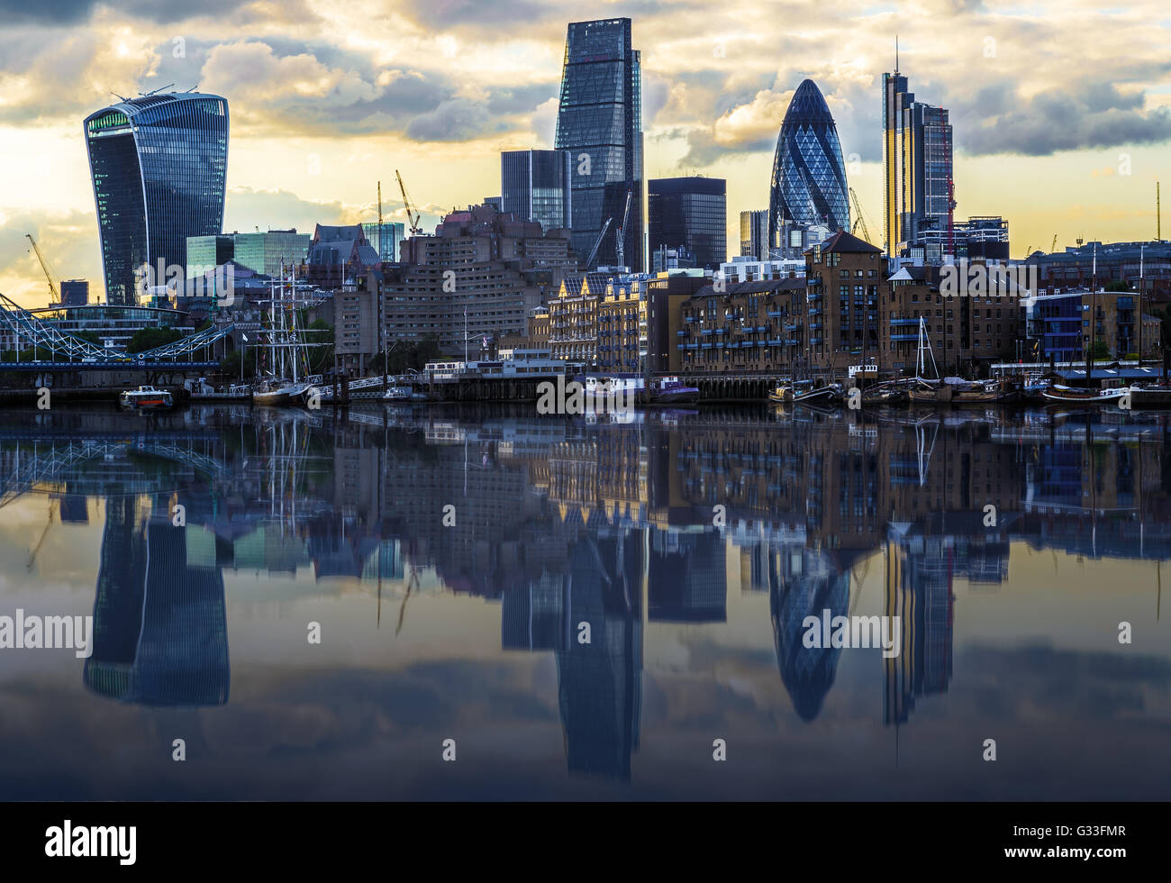 London cityscape during sunset with its reflection from river Thames Stock Photo