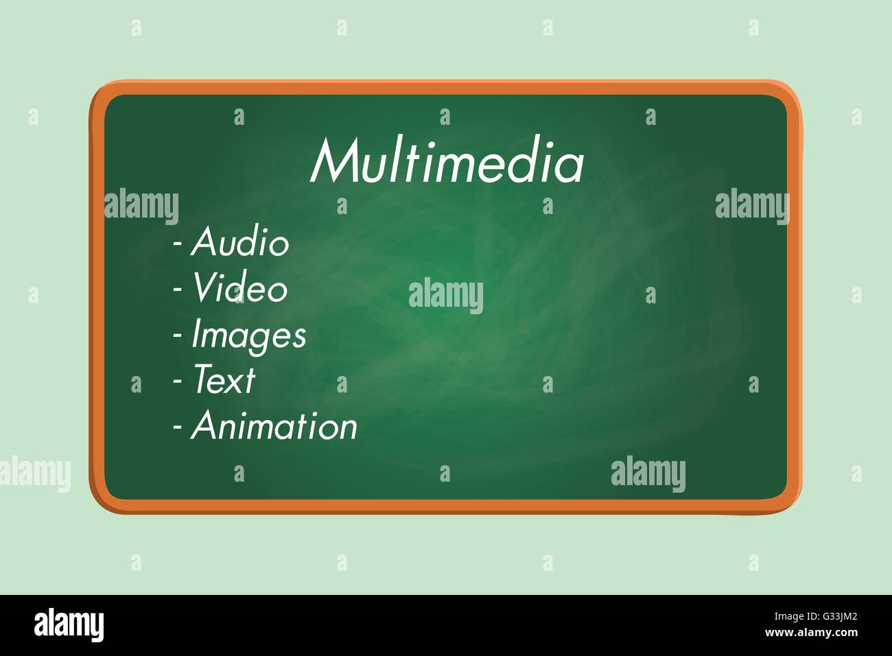 multimedia component list audio video images text animation green board  chalk effect vector graphic Stock Vector Image & Art - Alamy