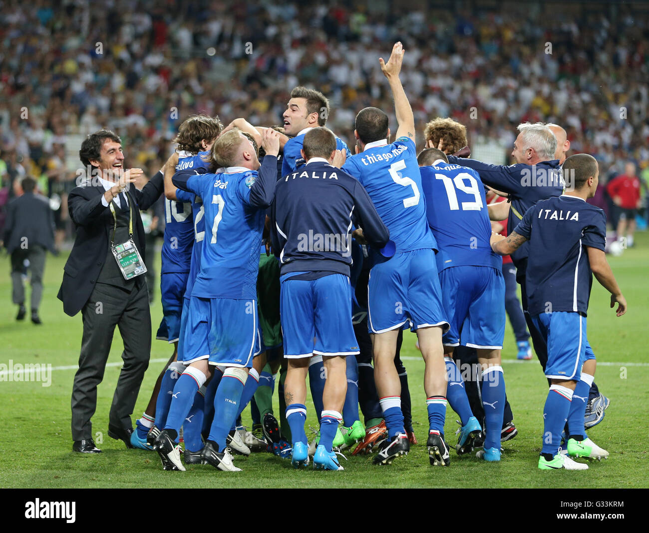 KYIV, UKRAINE - JUNE 24, 2012: Players of Italy national football team celebrate their winning after the UEFA EURO 2012 Quarter-final game against England at NSC Olympic stadium in Kyiv Stock Photo
