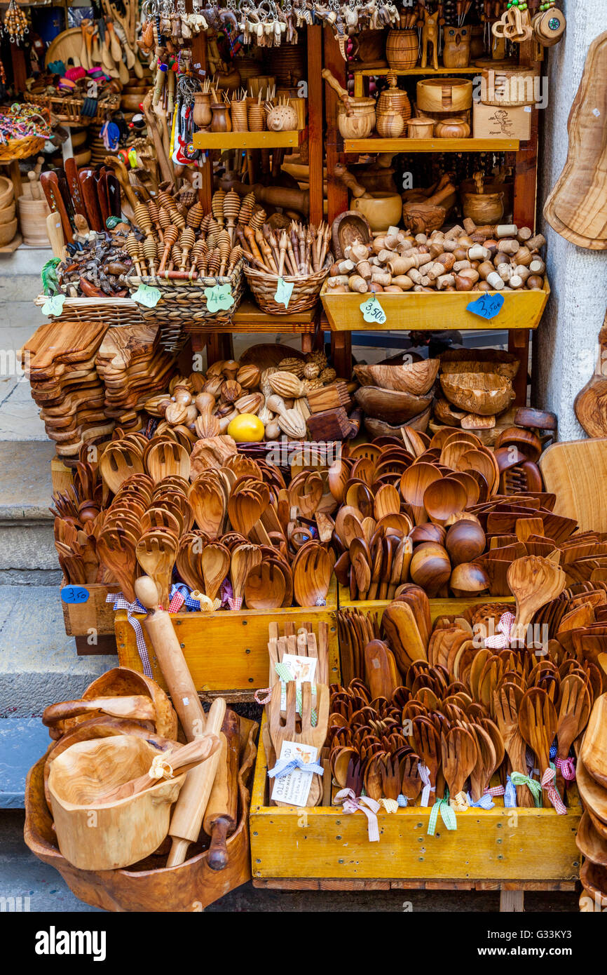 Olive Wood Items For Sale Outside A Shop In Corfu Town, Corfu, Greece Stock Photo