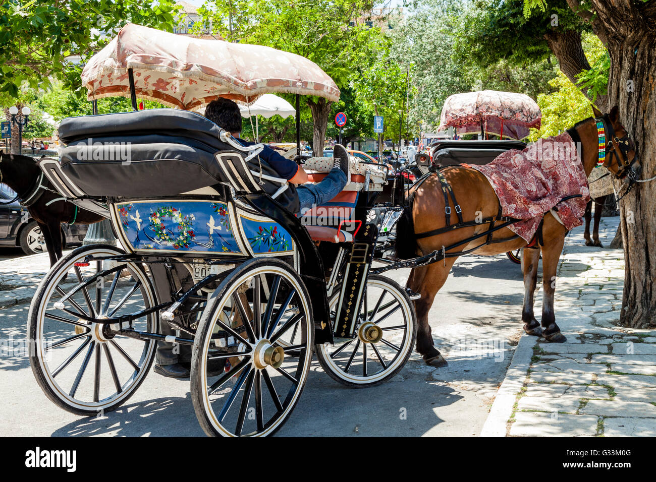 Horse and Carriage Station, Corfu Old Town, Corfu, Greece Stock Photo