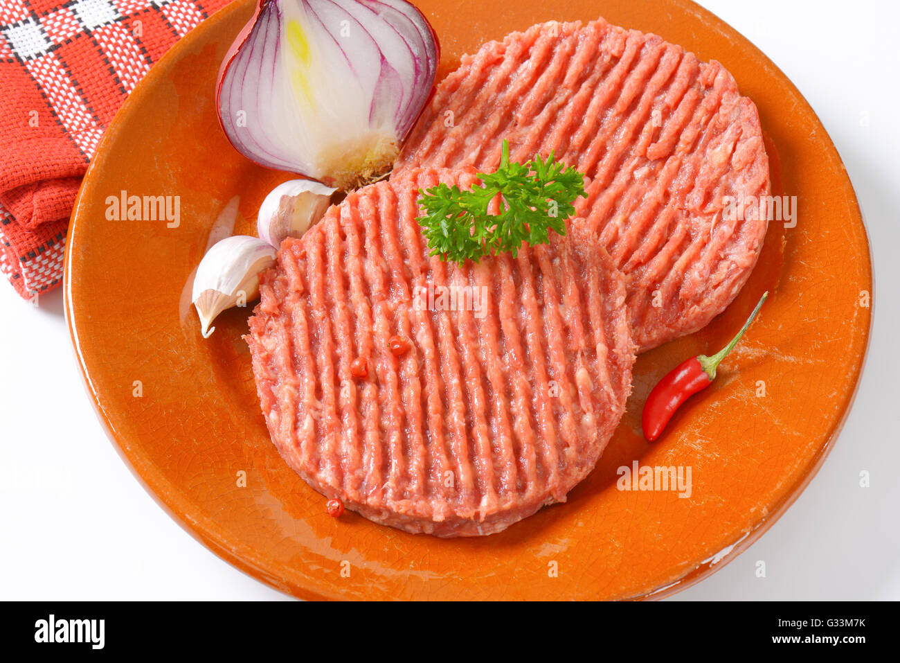plate of raw hamburger patties close up Stock Photo Alamy