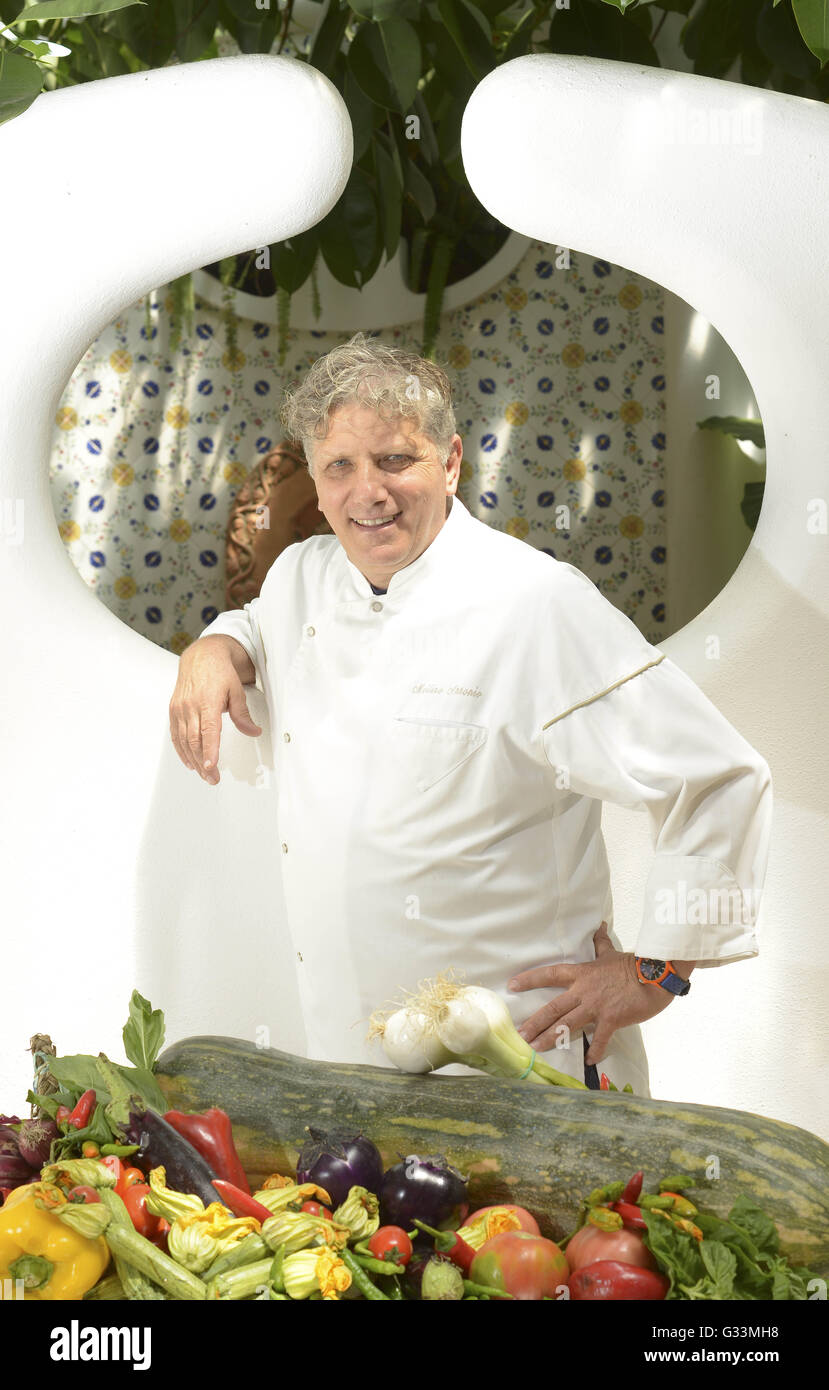 Antonio Mellino Chef pictured in Quattro Passi Restaurant,  Massa Lubrense, Amalfi coast, Naples, Campania, Italy  Two Michelin- Stock Photo