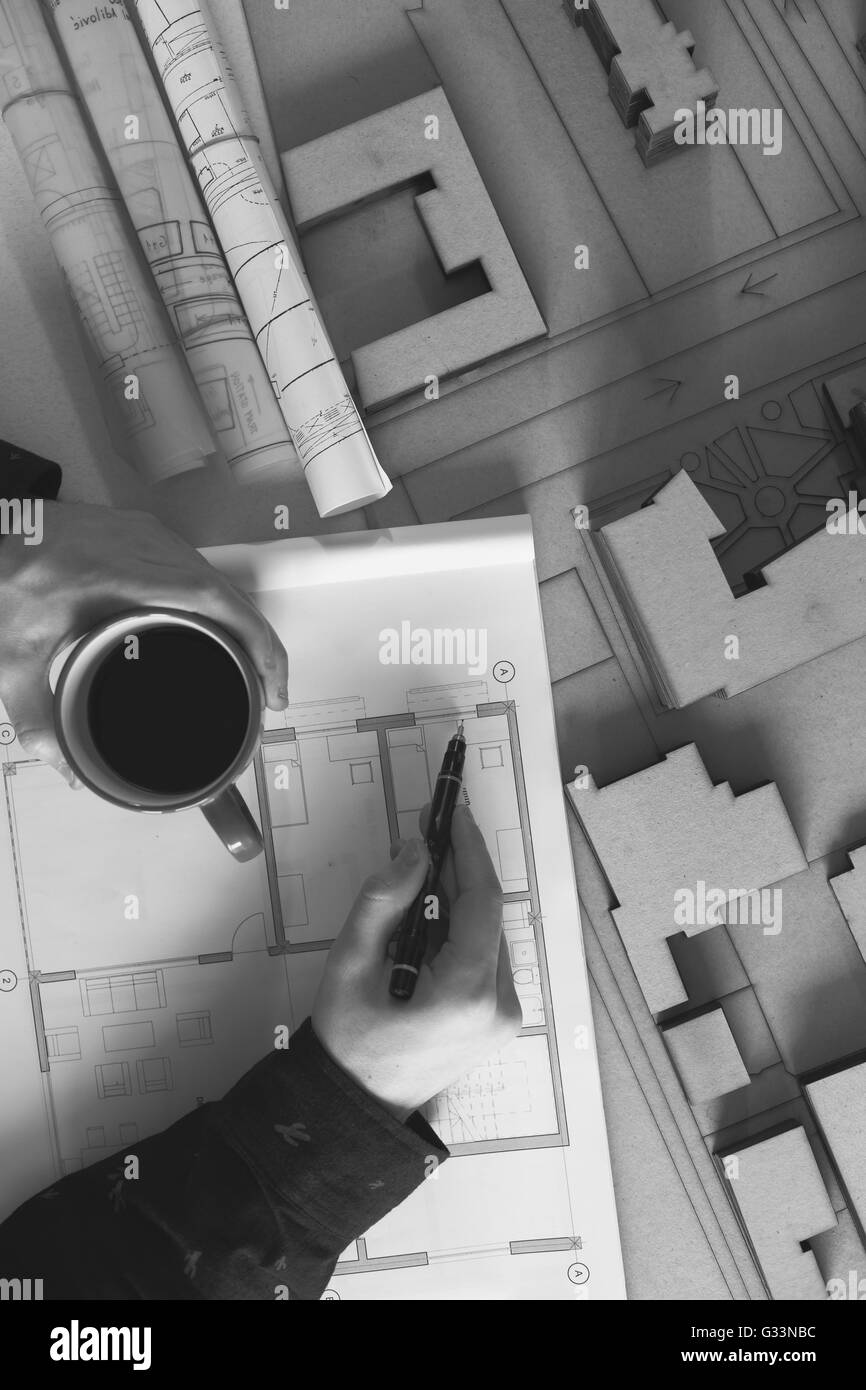 Top view of architect drawing on architectural project Stock Photo Alamy