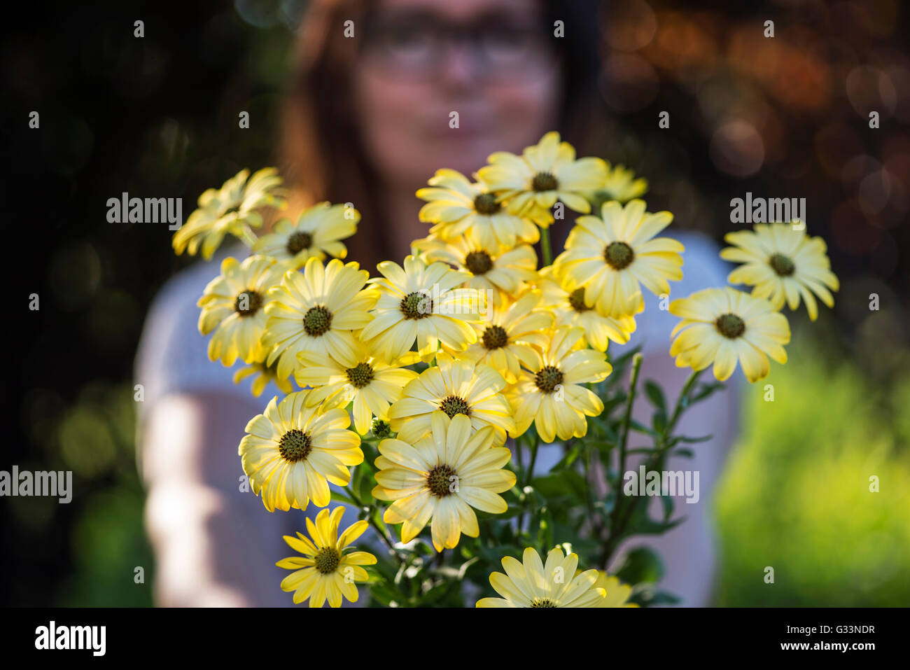 a photo of a young woman with a bouquet of flowers Stock Photo