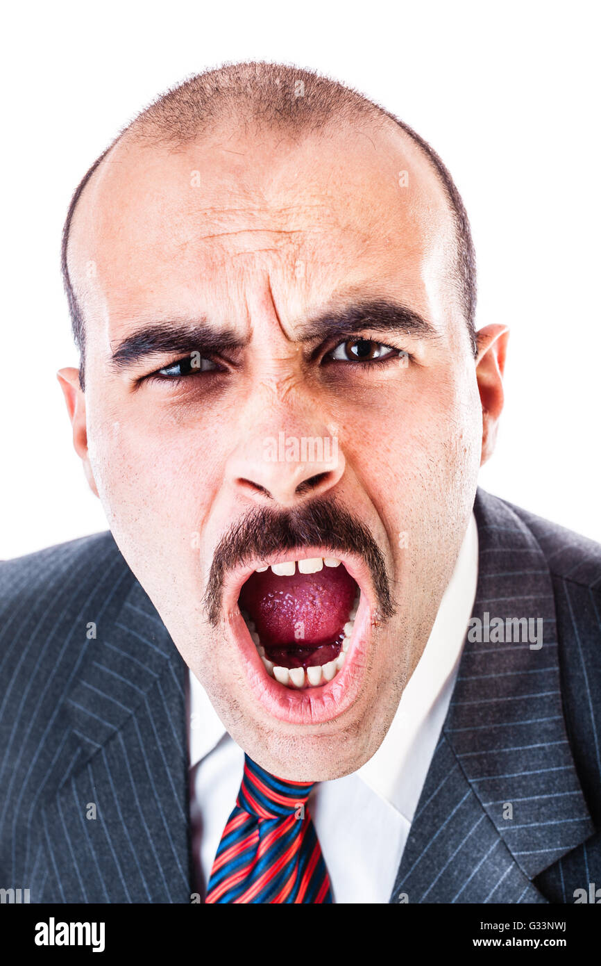 portrait of a shouting or screaming businessman isolated over a white ...