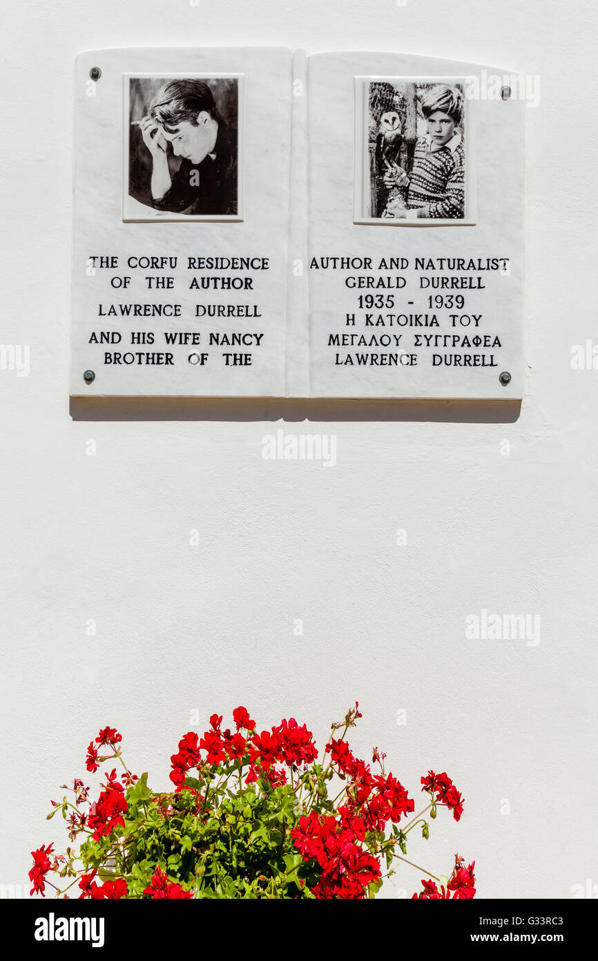 A Plaque On The Wall Of The White House ( Childhood Home of British Authors Gerald & Lawrence Durrell ) Kalami, Corfu, Greece Stock Photo