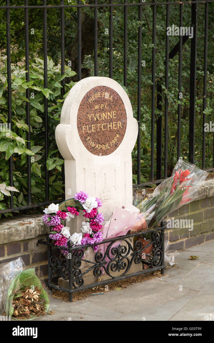 London, United Kingdom - June 5th, 2016: The memorial to WPC Yvonne Fletcher, shot outside the Libyan embassy in London 17th Apr Stock Photo