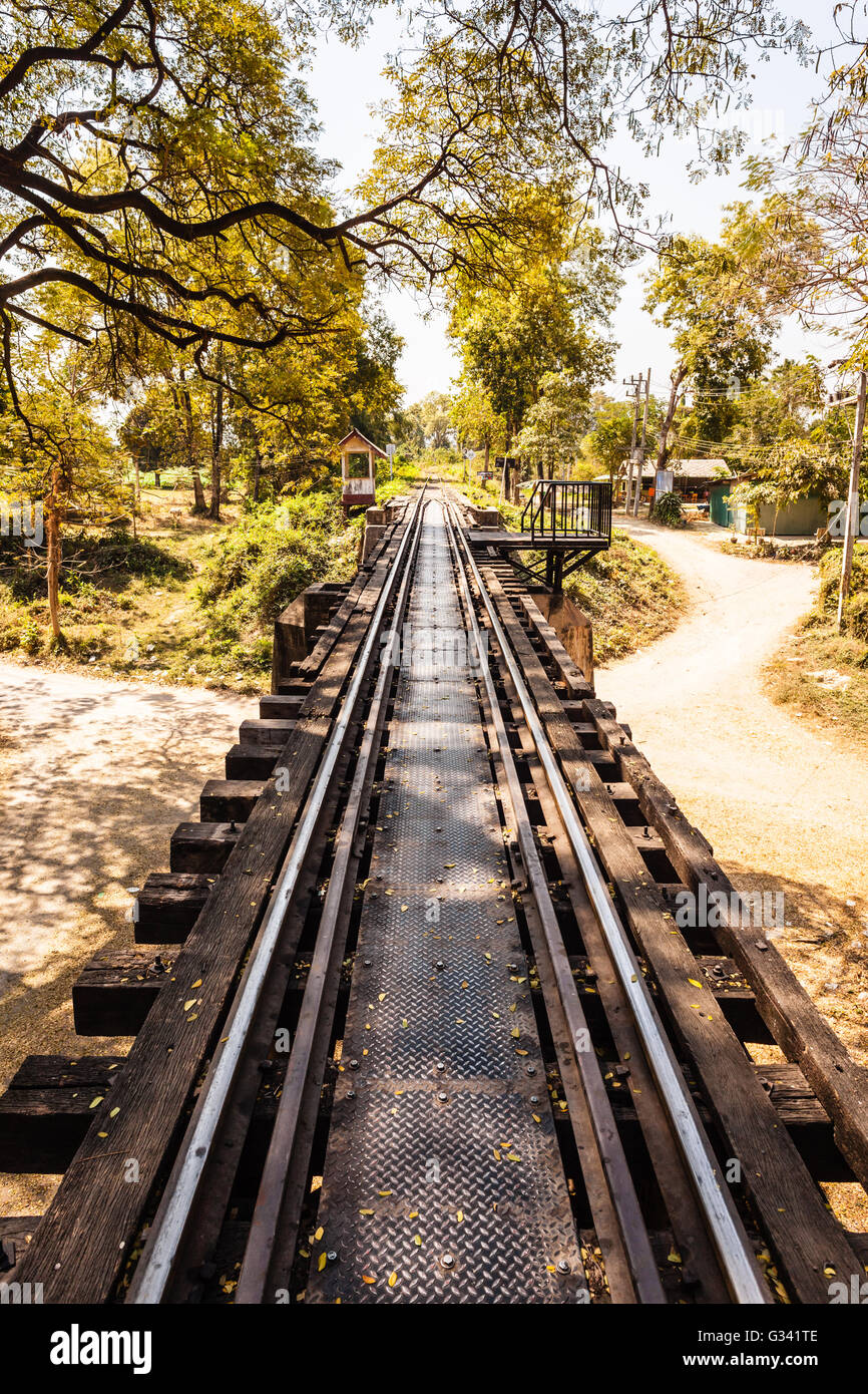 vintage railroad tracks of the famous bridge on the river Kwai in