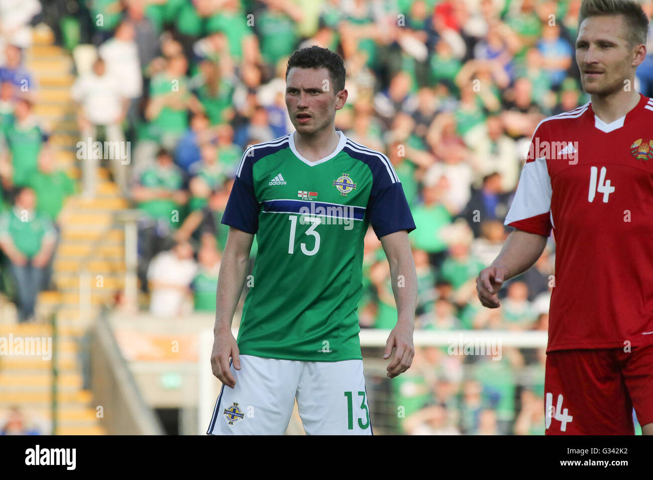27th May 2016 - Vauxhall International Challenge (Friendly). Northern Ireland 3 Belarus 0. Northern Ireland's Corry Evans (13) in action. Stock Photo