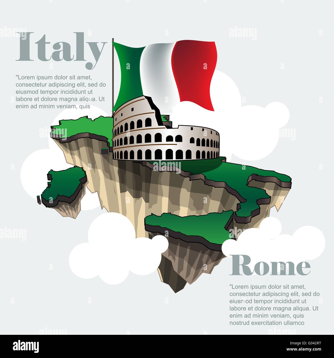 Italy country infographic map in 3d with country shape flying in the sky with clouds, big flag Italy country infographic map in 3d with country shape flying in the sky with clouds, big flag