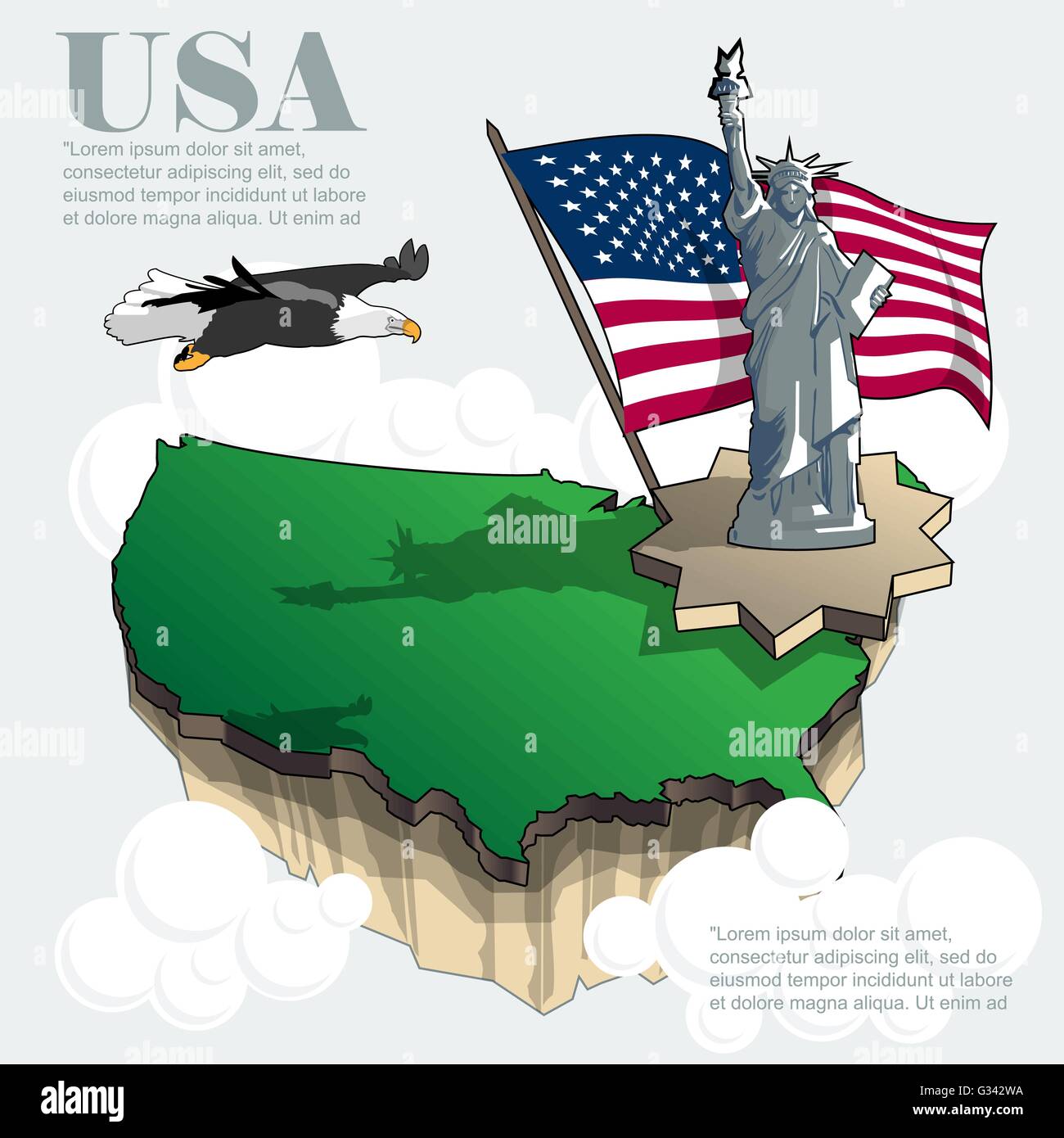 Usa country infographic map in 3d with country shape flying in the sky with clouds, big flag, liberty statue and flying eagle. D Stock Vector