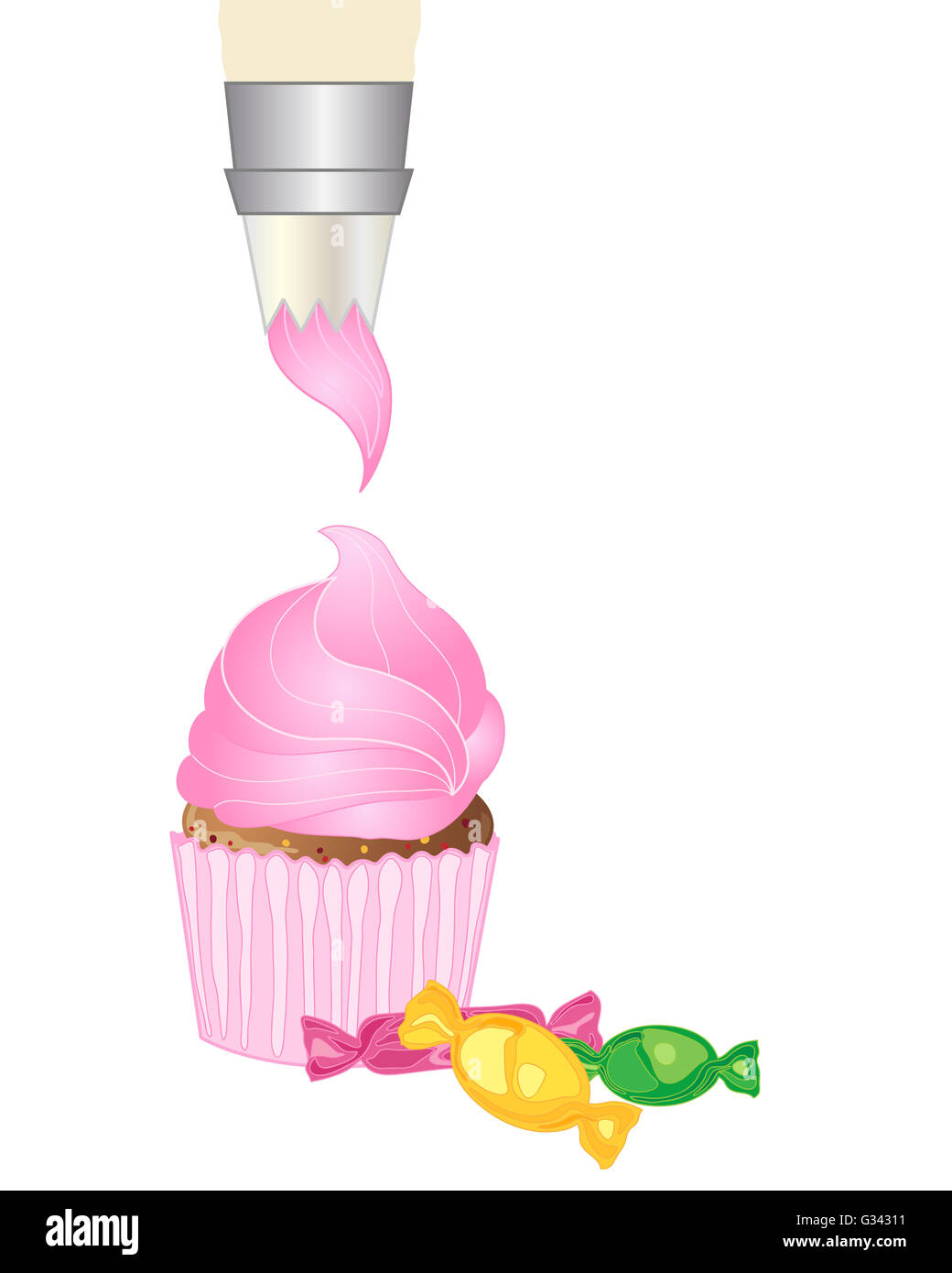 an illustration of an icing bag piping pink icing on to a cake with some colorful wrapped candy on a white background Stock Photo
