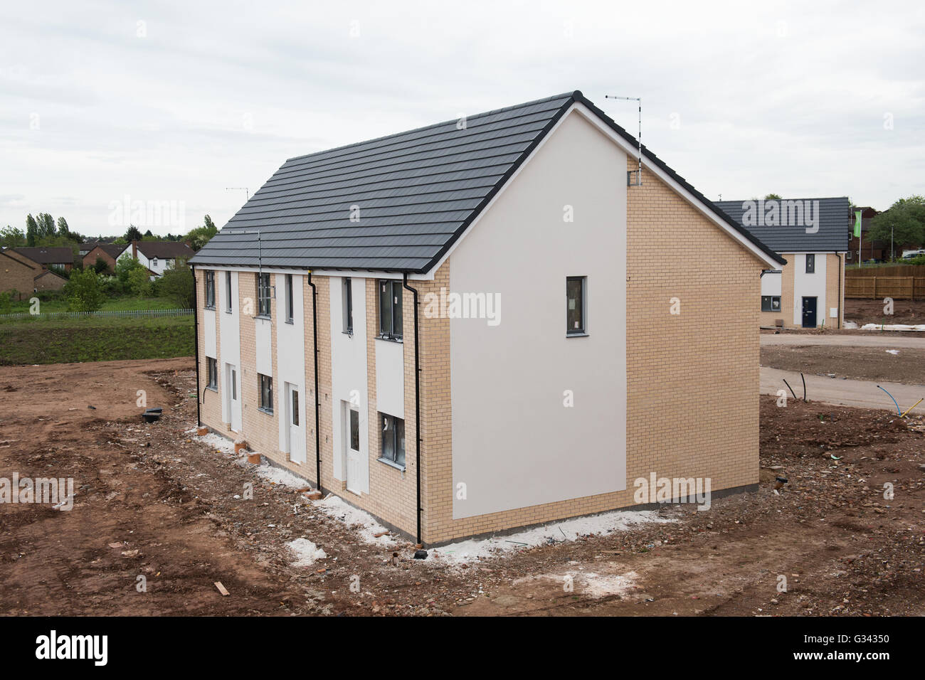 Pictures of construction of environmentally friendly, highly insulated new build homes where fuel bills are drastically reduced Stock Photo