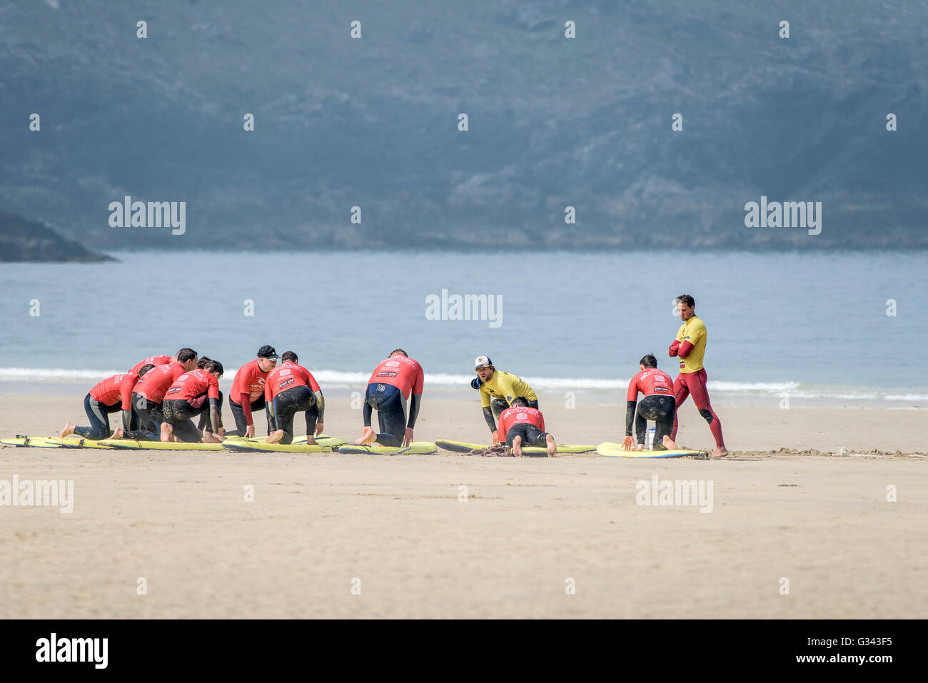 A surf school on Fistral in Newquay, Cornwall. Stock Photo