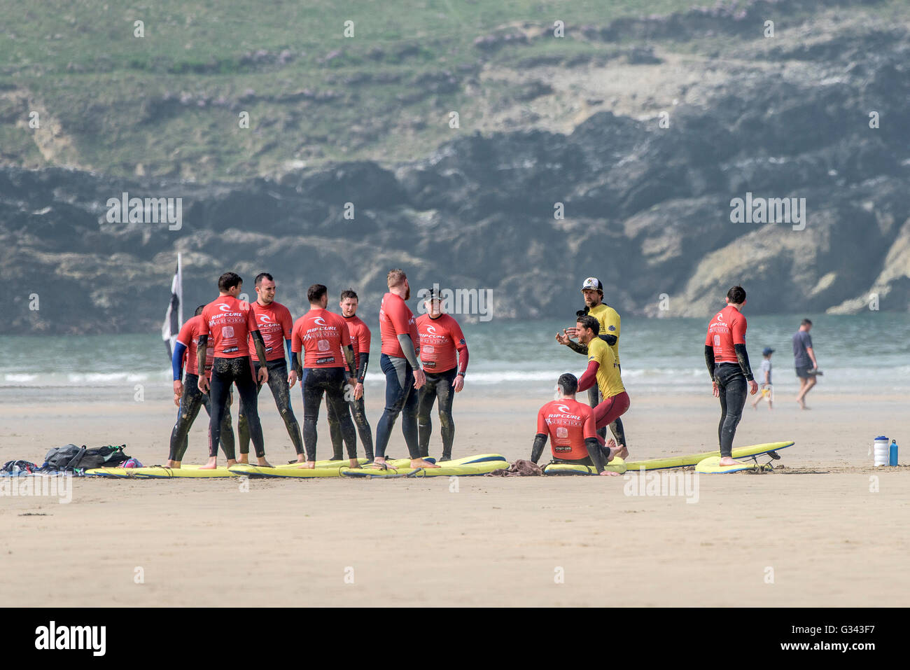 A surf school on Fistral in Newquay, Cornwall. Stock Photo