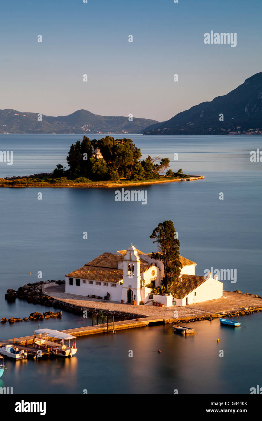 Vlacherna Monastery and Mouse island, Kanoni, Corfu, Greece Stock Photo ...
