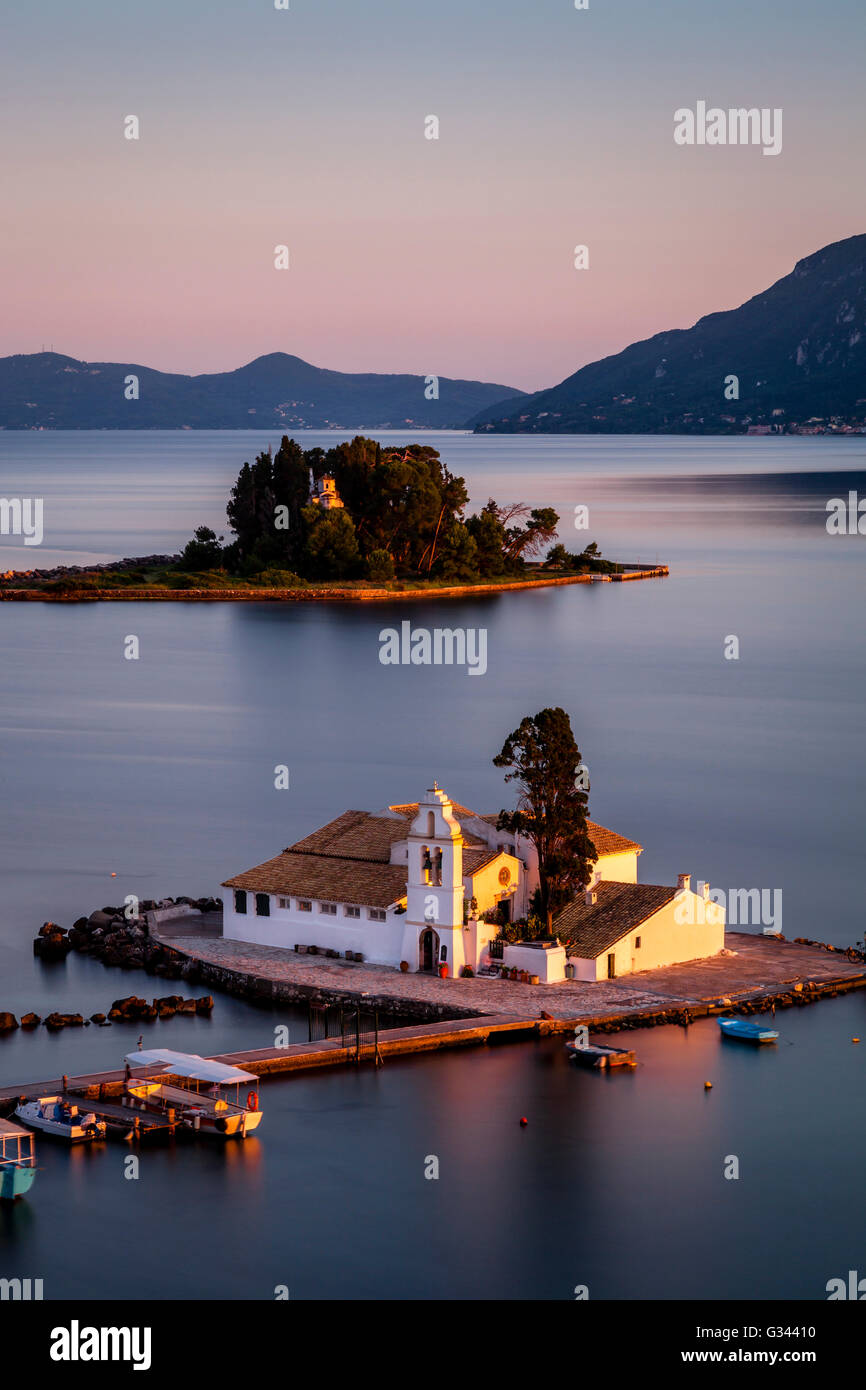 Vlacherna Monastery and Mouse island, Kanoni, Corfu, Greece Stock Photo ...