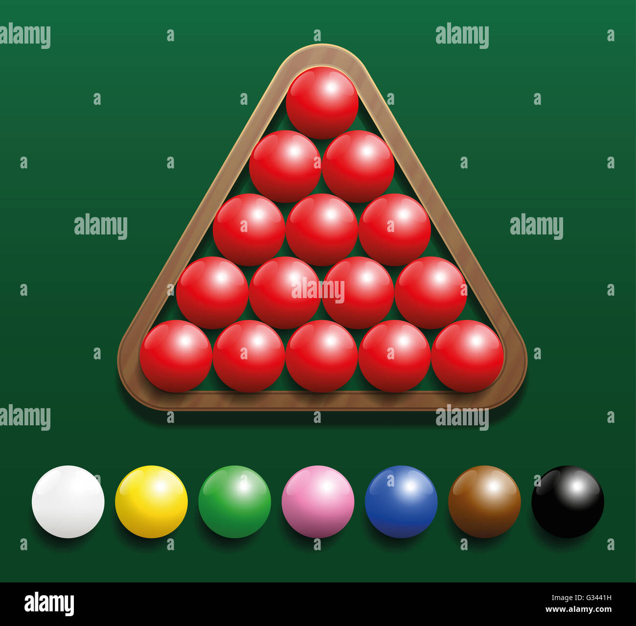 Snooker set with fifteen red balls in a wooden rack and seven colored balls in a row. Three-dimensional illustration. Stock Photo