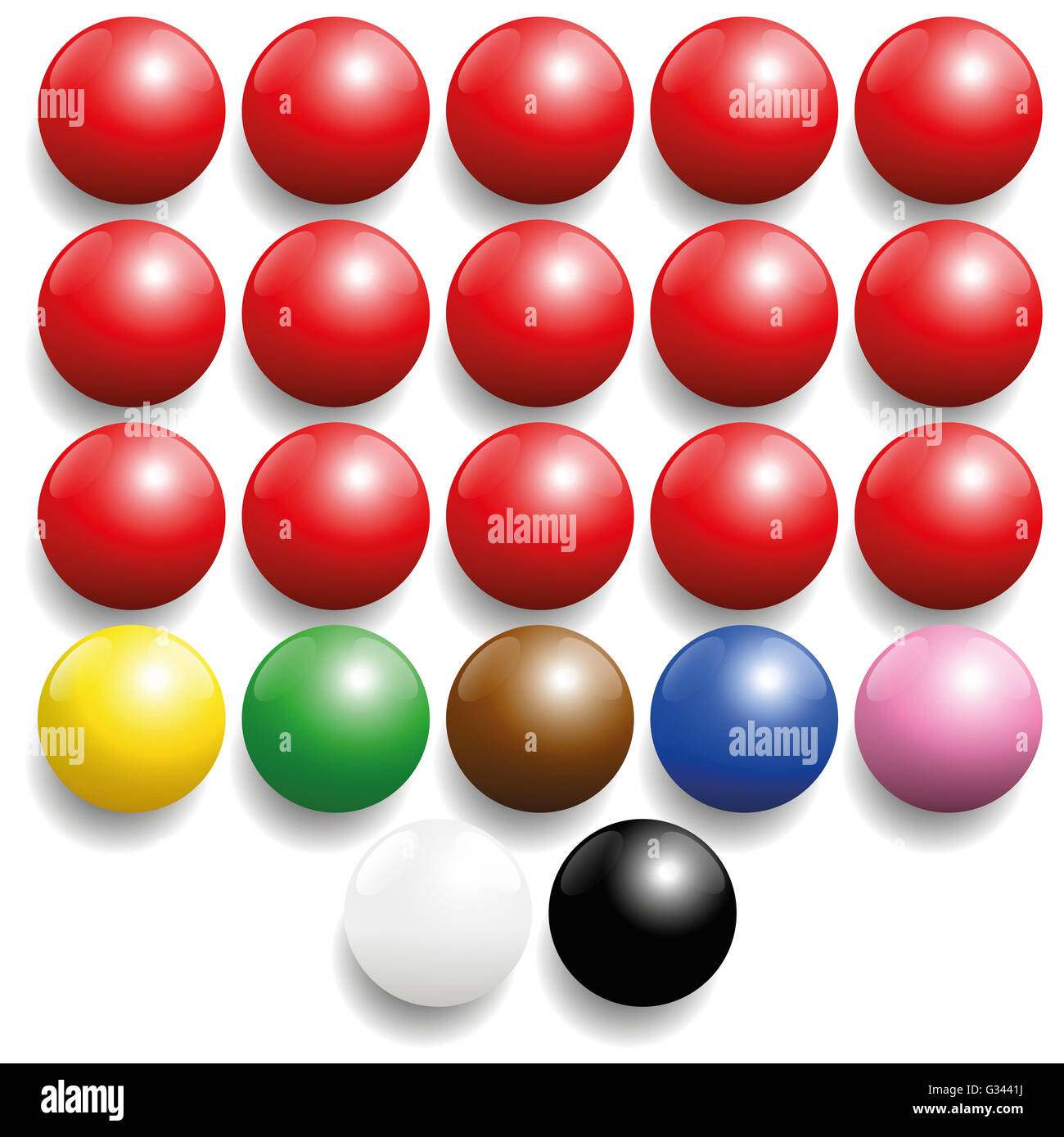 Snooker balls set - commonly used colors. Three-dimensional illustration on white background. Stock Photo