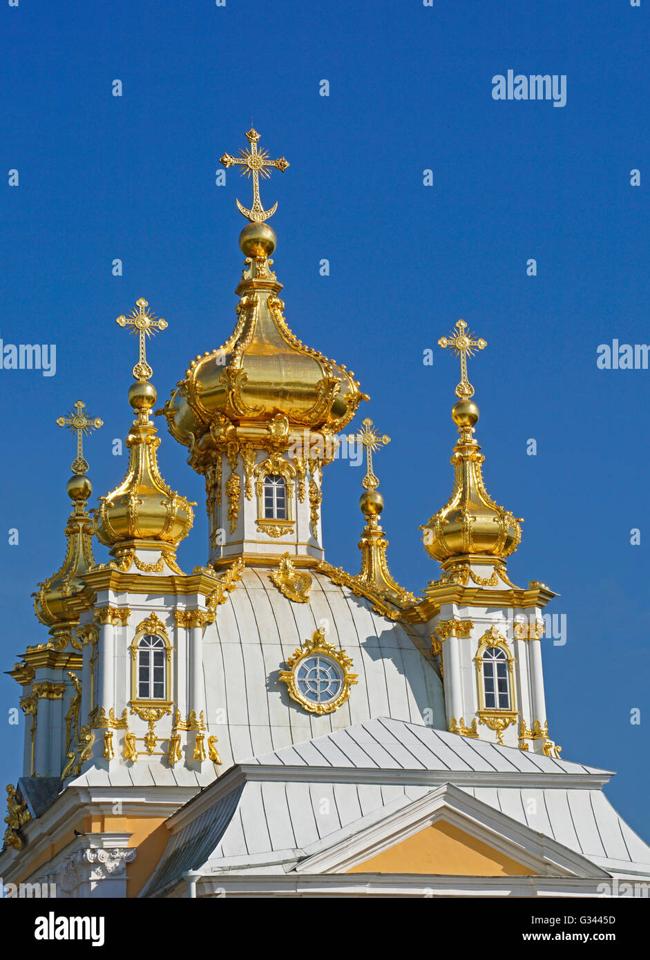 Peterhof Grand Palace Church steeple in St. Petersburg, Russia. Stock Photo