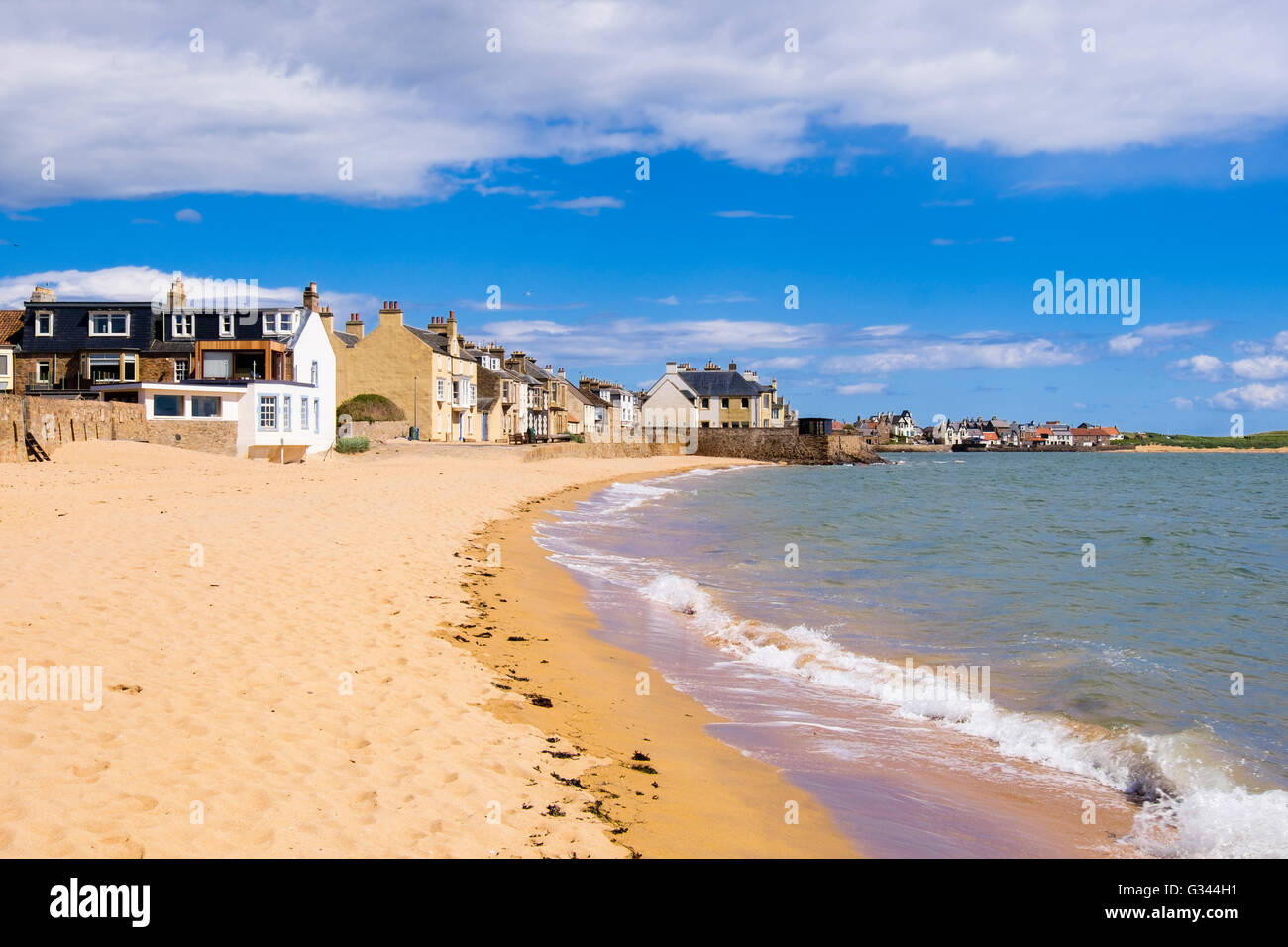 Lovely quiet sandy beach in east coast village on Firth of Forth in early summer. Elie and Earlsferry, East Neuk of Fife, Fife, Scotland, UK, Britain Stock Photo