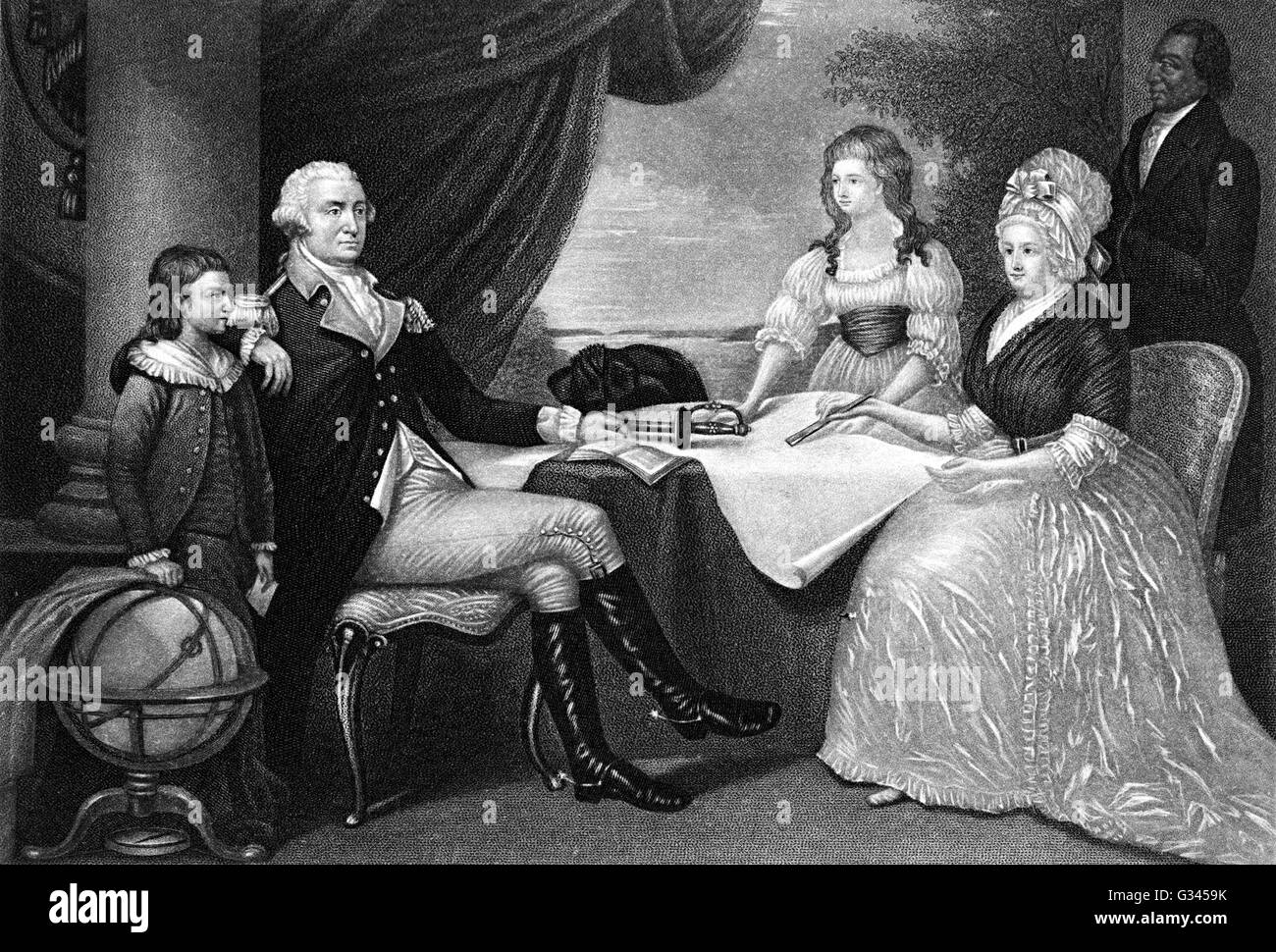 George Washington and his family, Washington Parke Custis, George Washington, Eleanore Parke Custis, Martha Washington, William Stock Photo