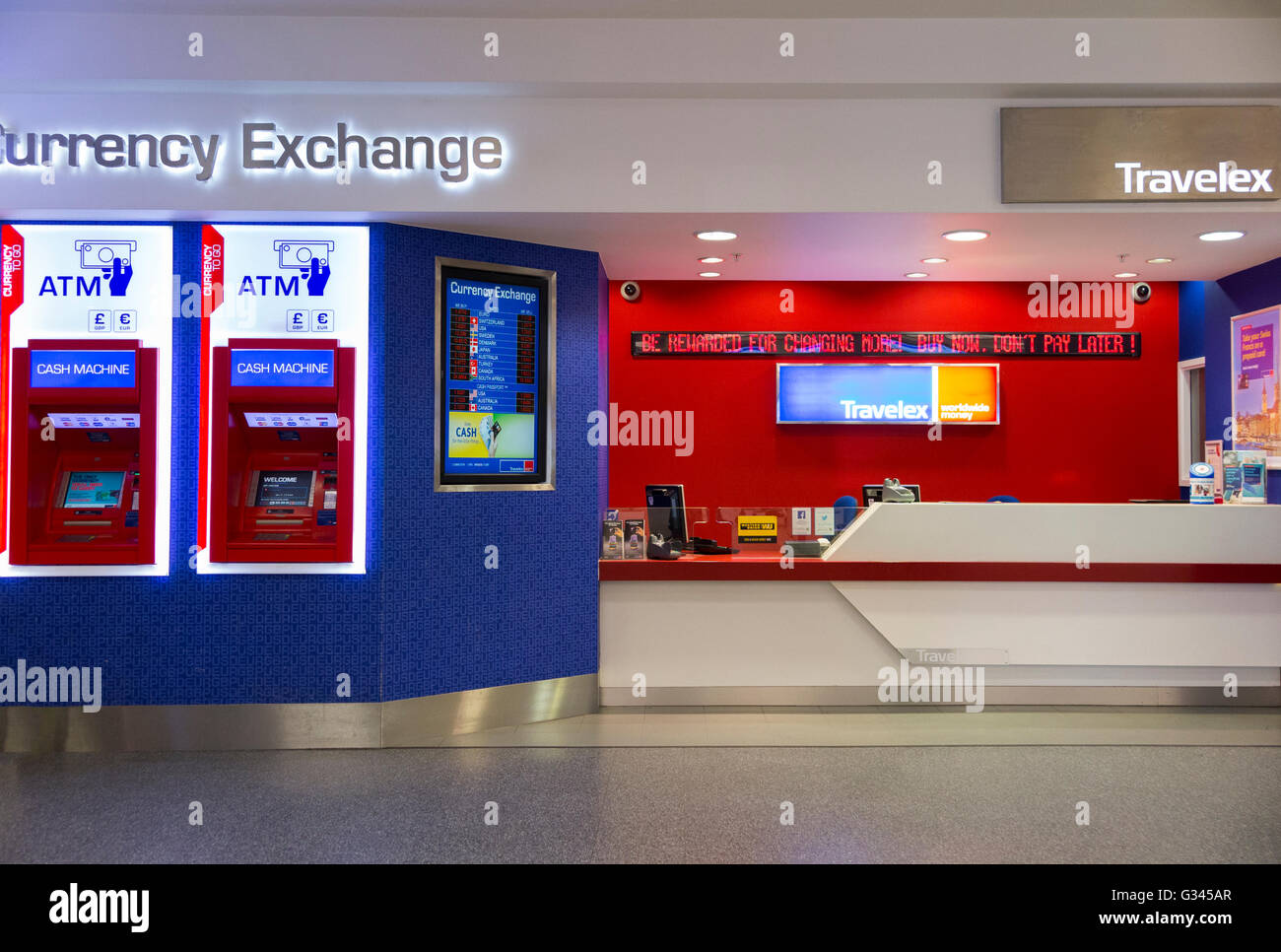Bureau de Change office operated by Travelex at London City Airport. London. UK. Stock Photo