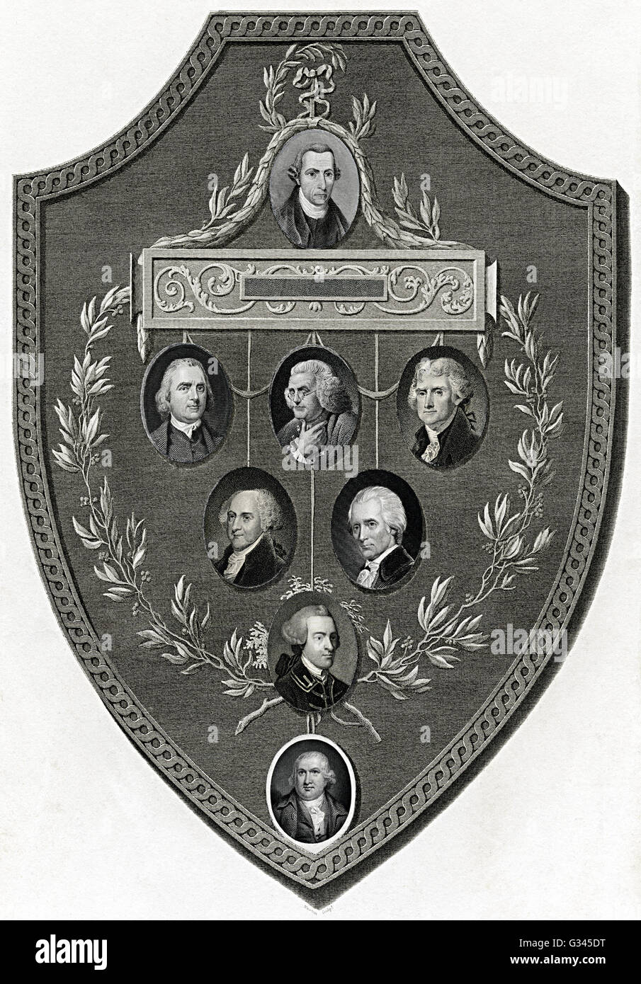Shield with inset portraits of Franklin, Jefferson, Adams and more presidents Stock Photo