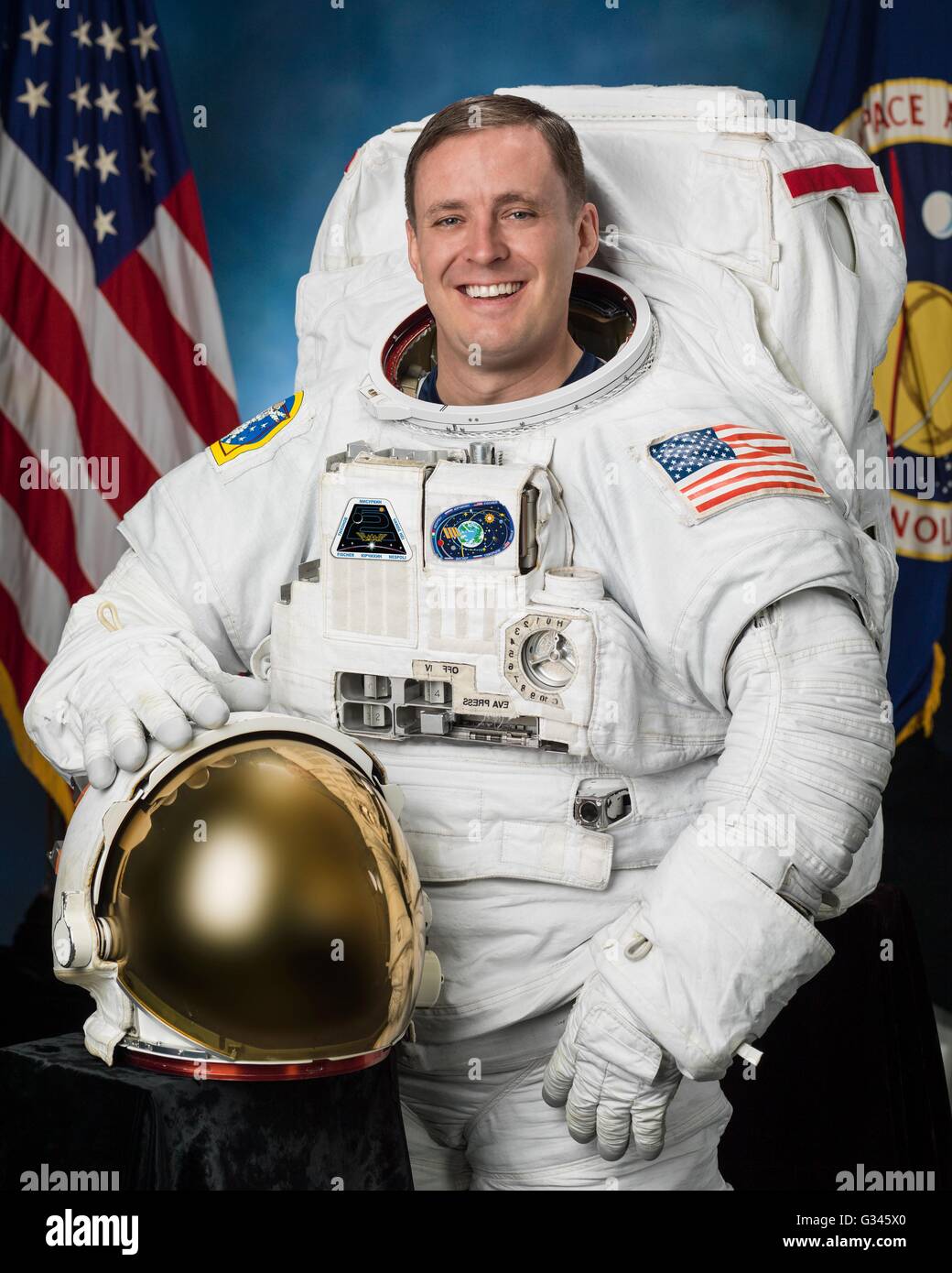 International Space Station Expedition 52 NASA astronaut Jack Fischer official portrait wearing the EMU space suit October 1, 2014 in Houston, Texas. Stock Photo