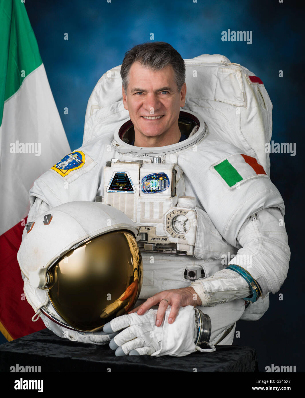 International Space Station Expedition 52 European Space Agency astronaut Paolo Nespoli official portrait wearing the the EMU space suit his January 12, 2016 in Houston, Texas. Stock Photo