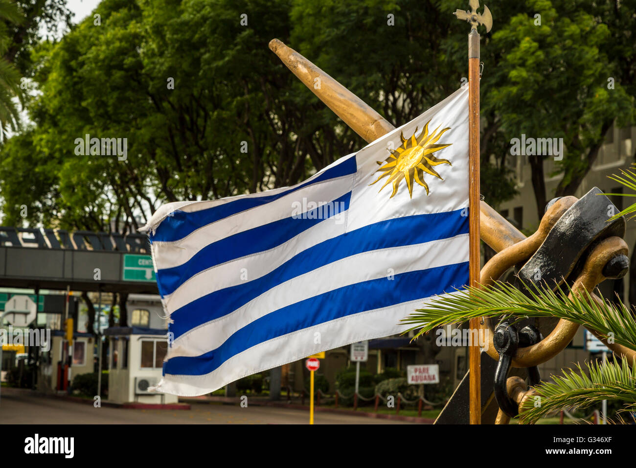 National flags for sale in the shops of Montevideo, Uruguay, South America. Stock Photo