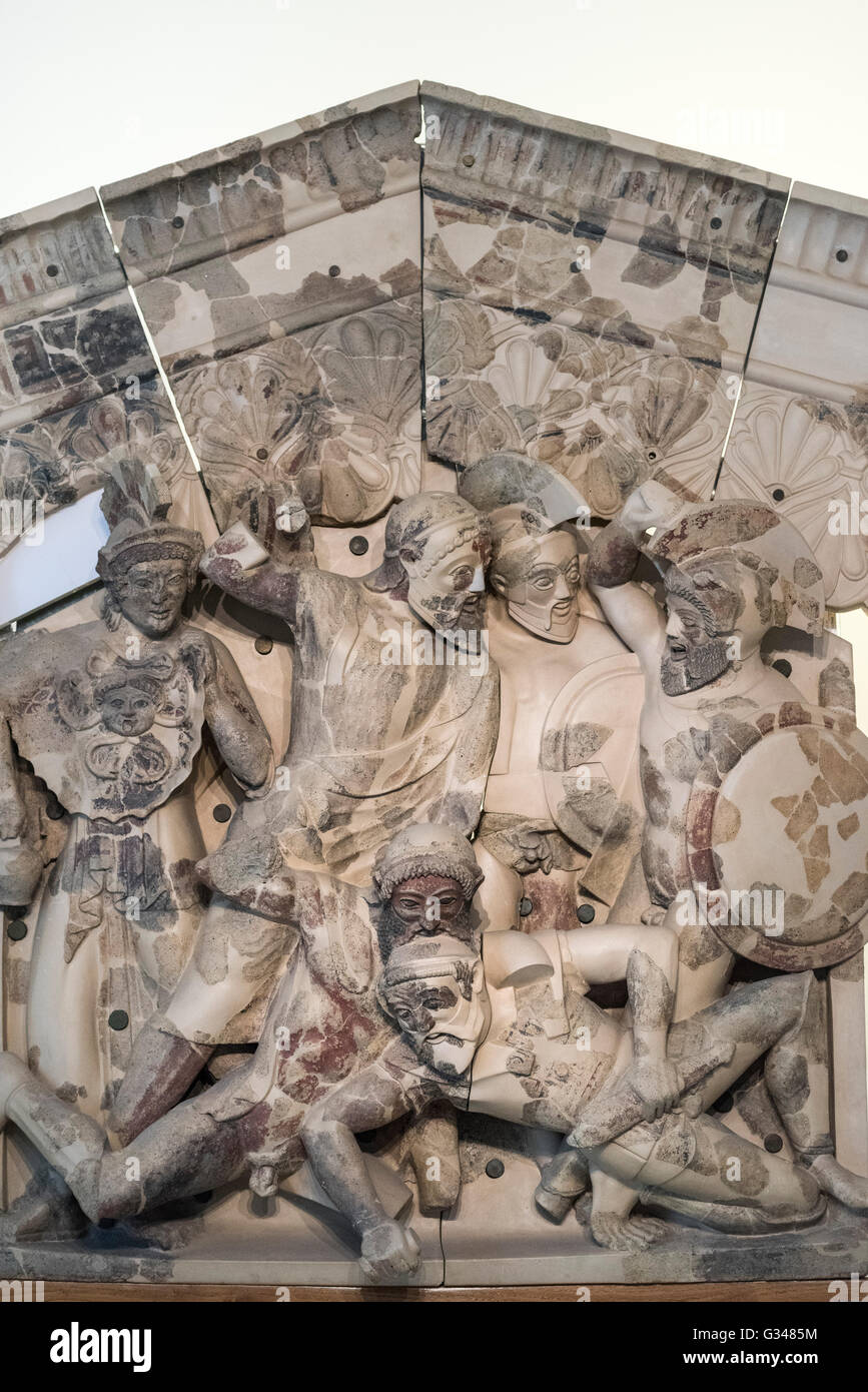 Rome. Italy. Relief depicting scenes from the myth of the Seven Against Thebes, mid-fifth century BC, National Etruscan Museum. Stock Photo