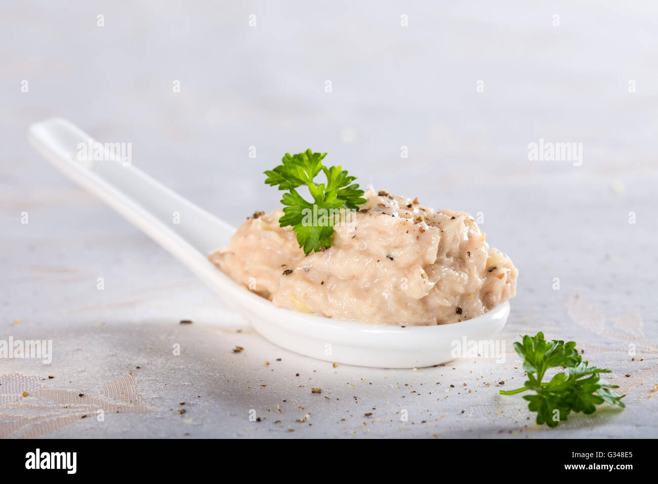 Creamy fish pate in spoon made with tuna, onion and butter Stock Photo