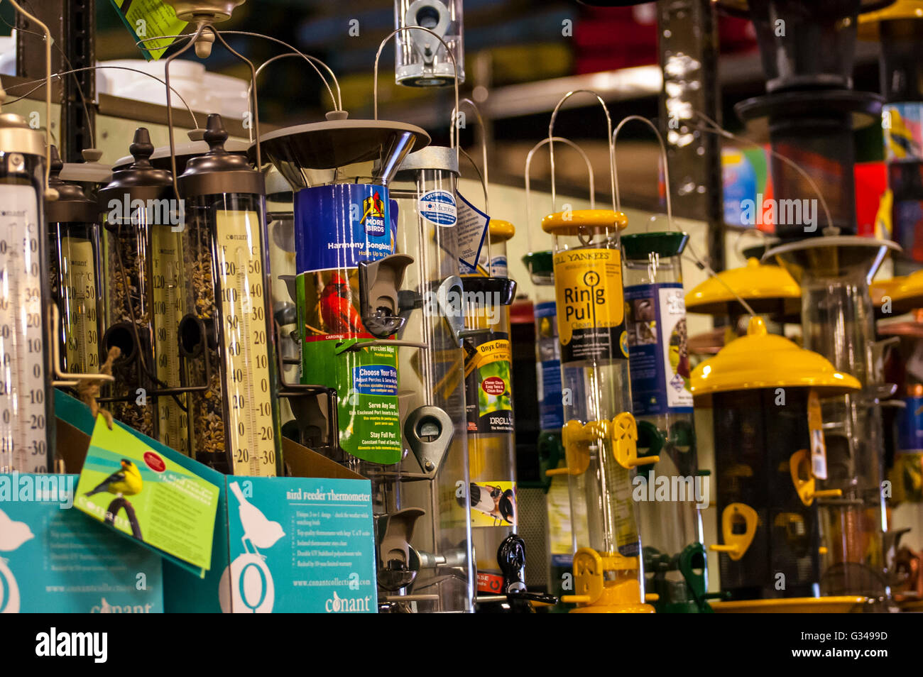 A plethora of bird feeders at a California stores garden department. Stock Photo
