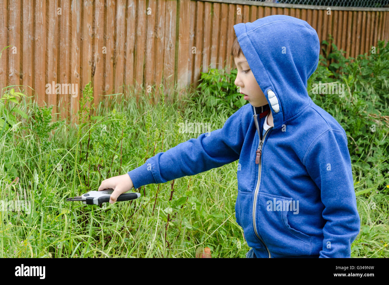 A young boy cutting weeds in the back garden with secateurs. Stock Photo
