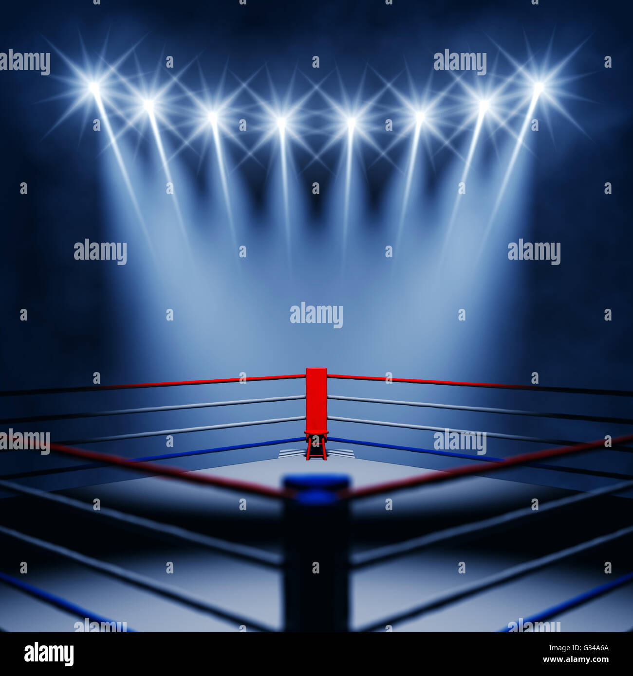 Boxing ring corner and floodlights , Boxing event , Boxing arena Stock Photo