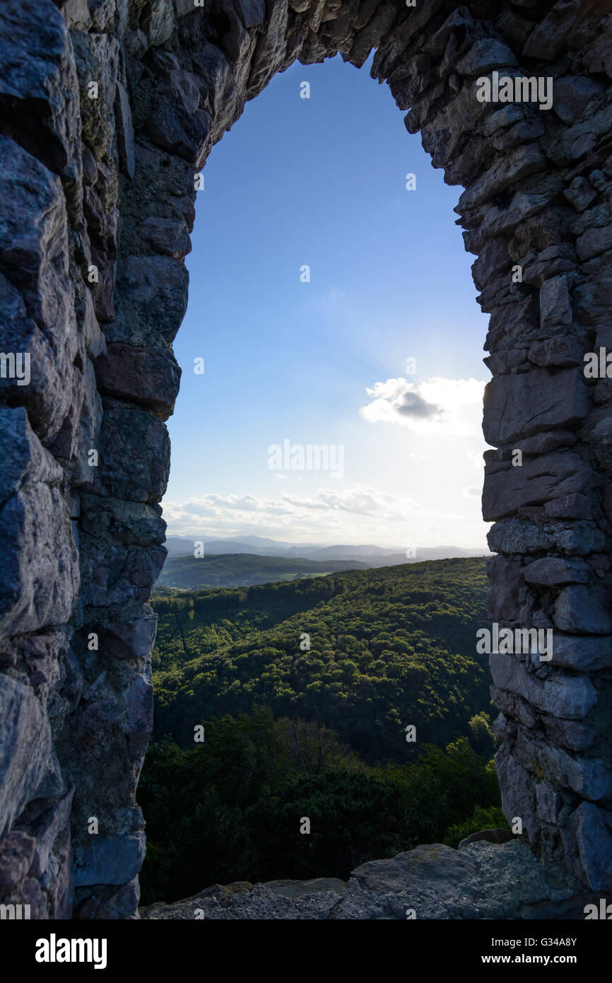 Sparbach Nature Park : view through window of castle ruin Johannstein to Wienerwald, Austria, Niederösterreich, Lower Austria, W Stock Photo