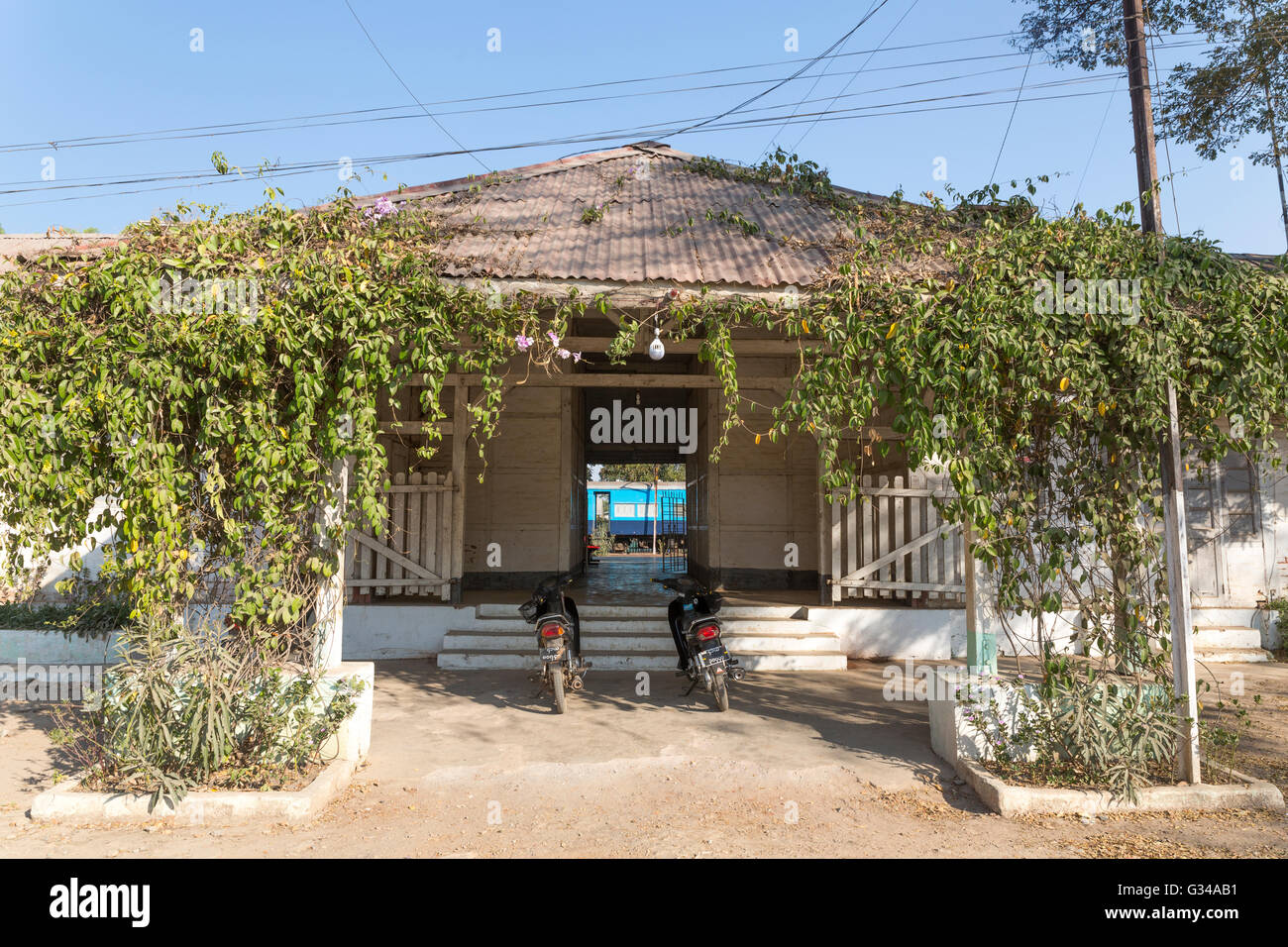 Burmese train station of the old British railway in Myanmar, Burma, Birma, South Asia, Asia Stock Photo