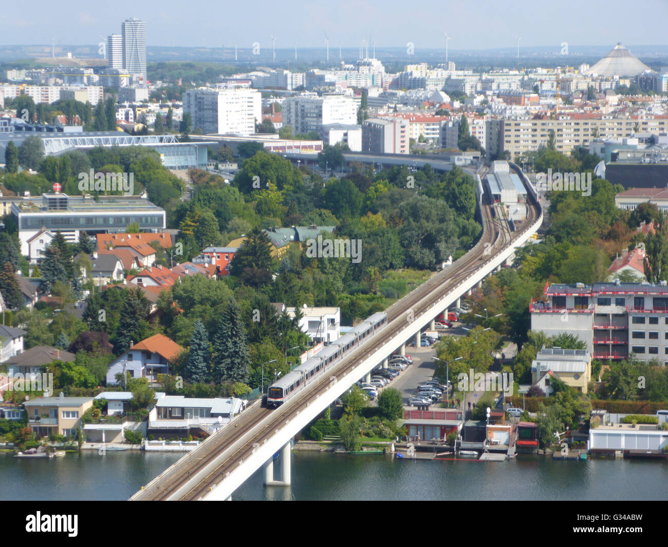 Old Danube and subway line 1 and view to Kagran, Austria, Wien, 22., Wien, Vienna Stock Photo